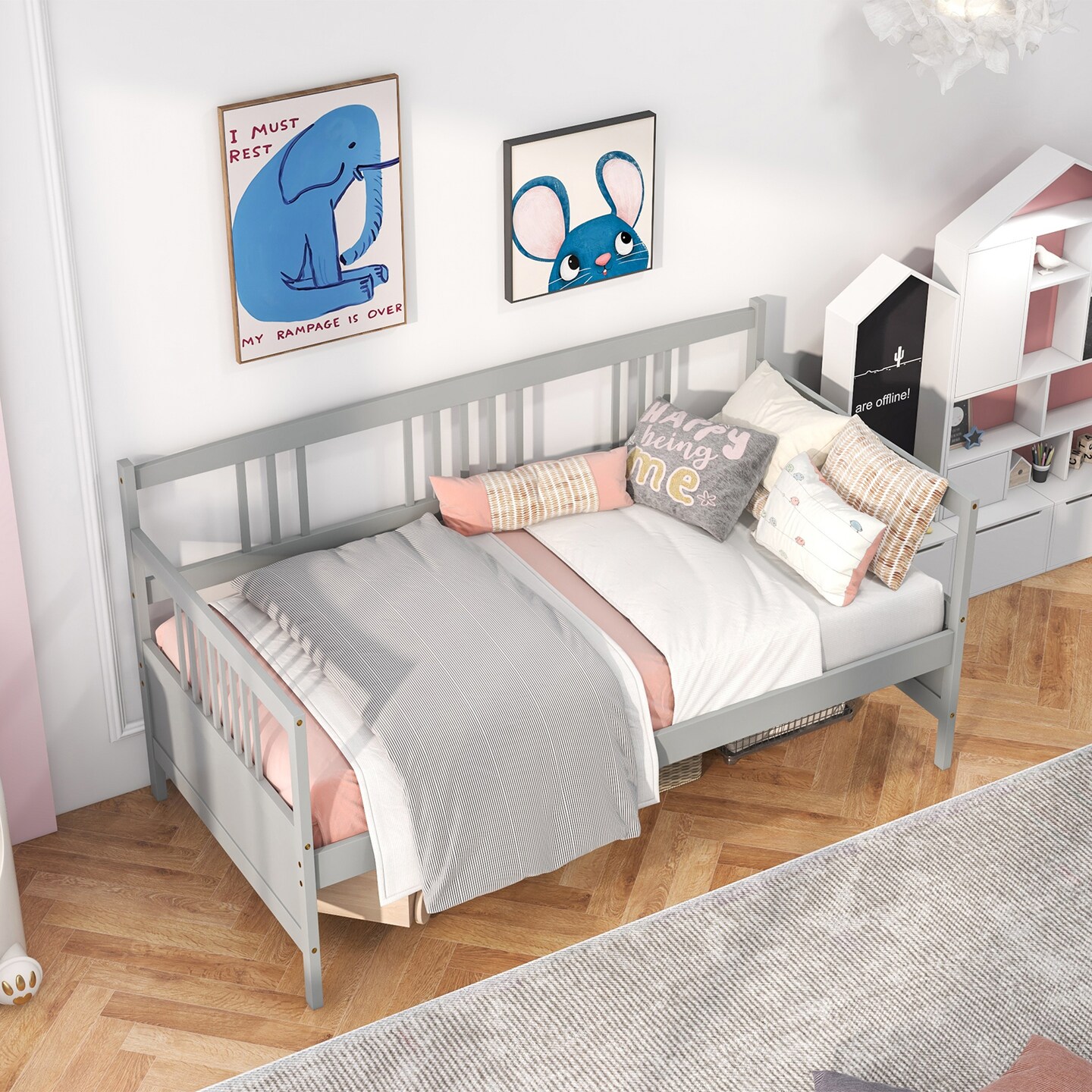 Twin Size Wooden Slats Daybed Bed with Rails Perfect for Living Room and Kids Room or Guest Room