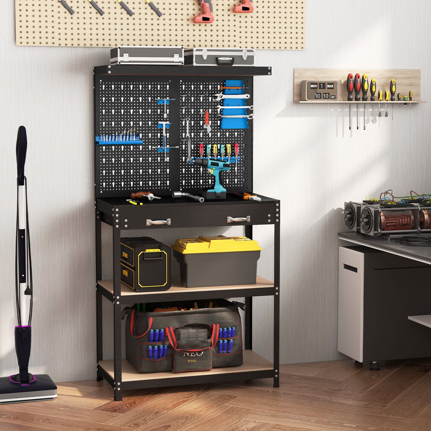 Freestanding Tool Storage Workbench with Pegboard with 14 Hanging Accessories and 2 Drawers