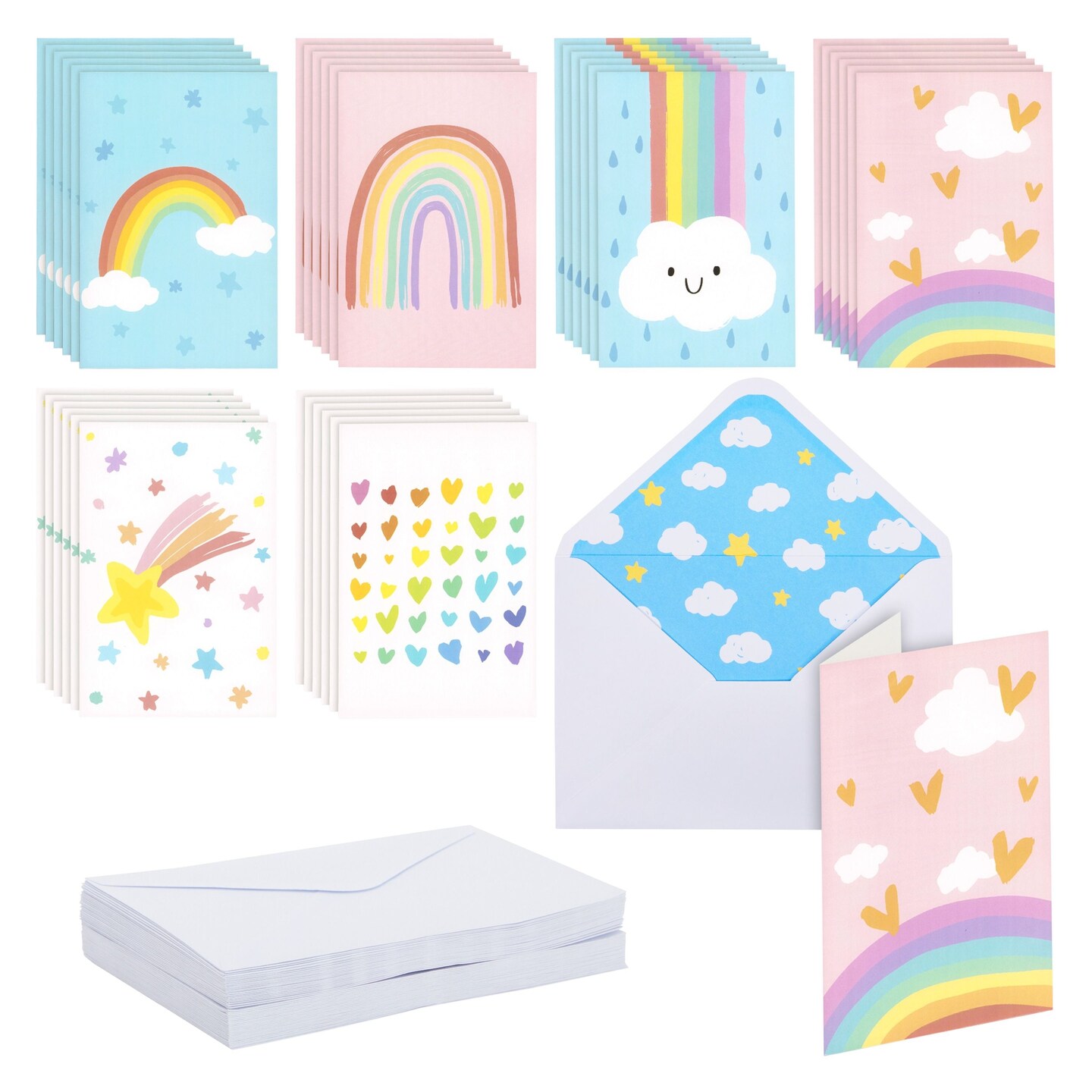 48 Pack Rainbow Cards with Envelopes for Thank You, Baby Shower, Birthday, Kids Stationary, Girls (Pastel, 4x6 In)