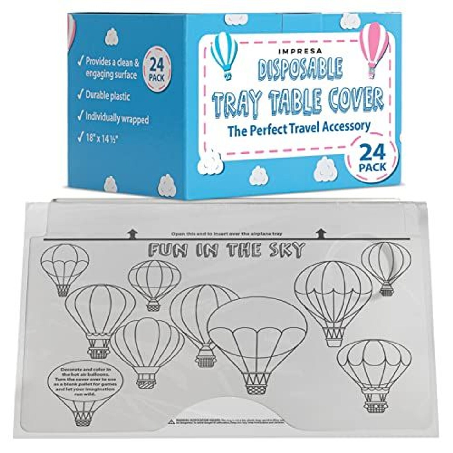 IMPRESA 24 Pack Disposable Airplane Tray Table Cover, 18 x 14.5 Inches, Interactive Airplane Tray Cover for Kids, Travel Essentials for Kids &#x26; Adults
