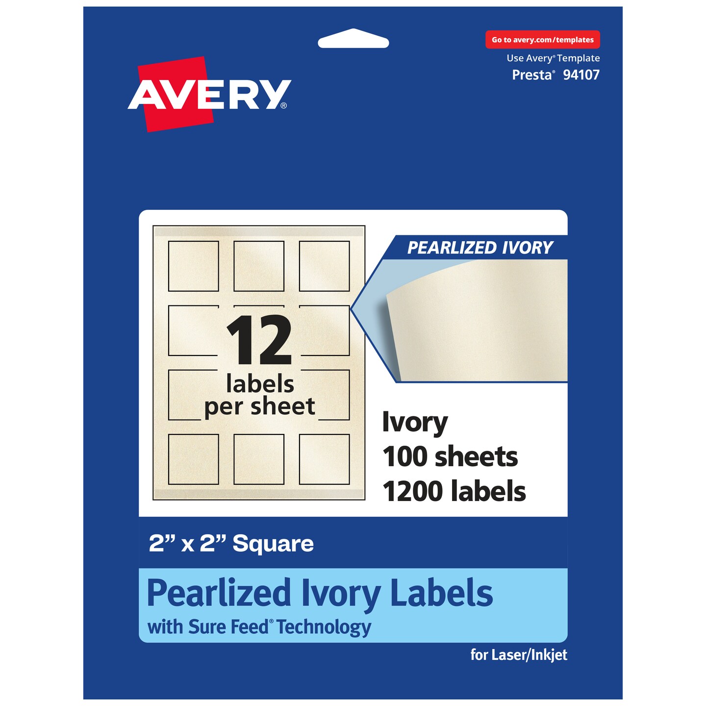 Avery Pearlized Ivory Square Labels with Sure Feed Technology, Print-to-the-Edge, 2" x 2"