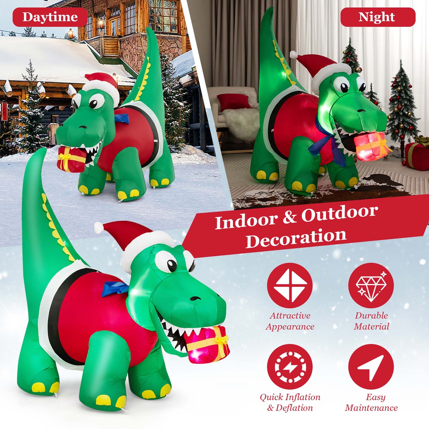 Costway 6FT Inflatable Christmas Dinosaur with LED Lights Gift Box &#x26; Blower Party Yard