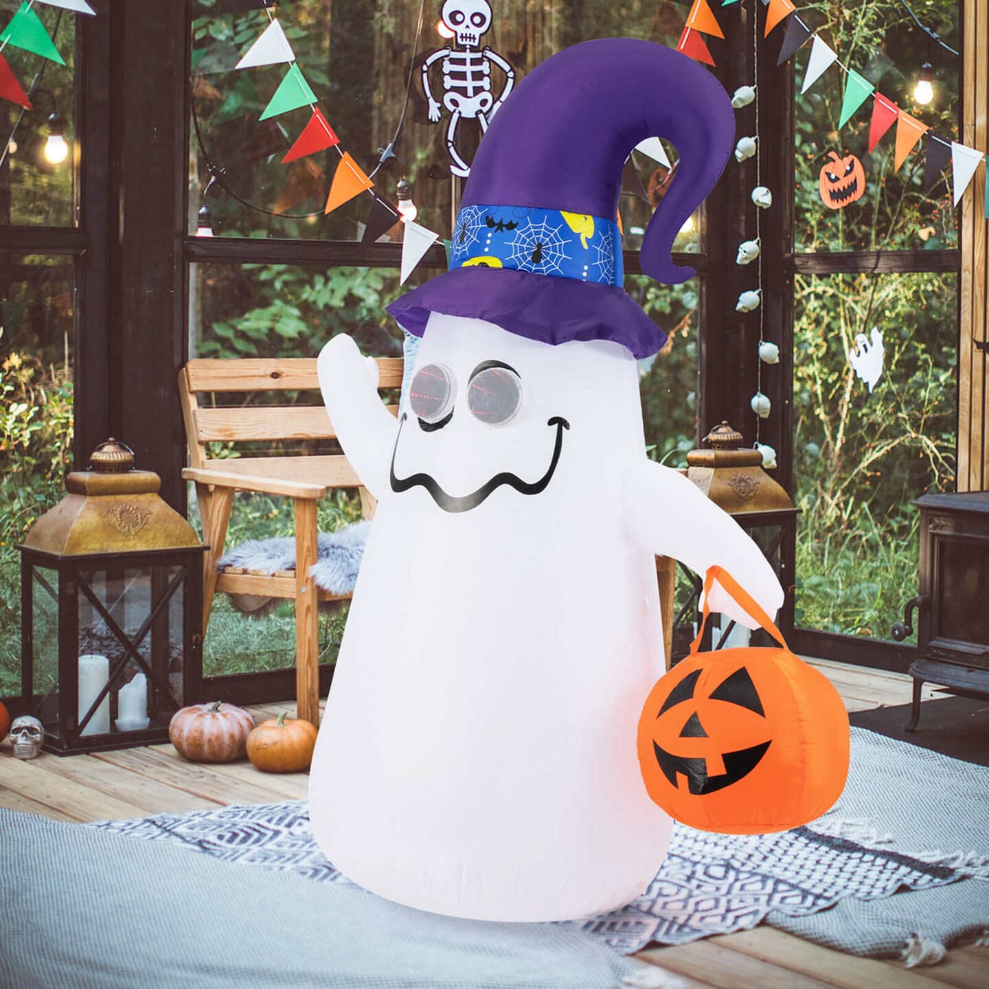 Costway 6 Ft Halloween Inflatables Cute Ghost with Jack-O-Lantern &#x26; Witch Hat