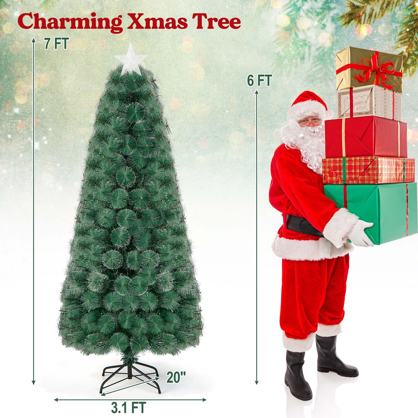 Costway 5FT/6FT/7FT Pre-Lit Fiber Optic Christmas Tree Xmas Decor with 148/185/226 Multi-Color LED Lights