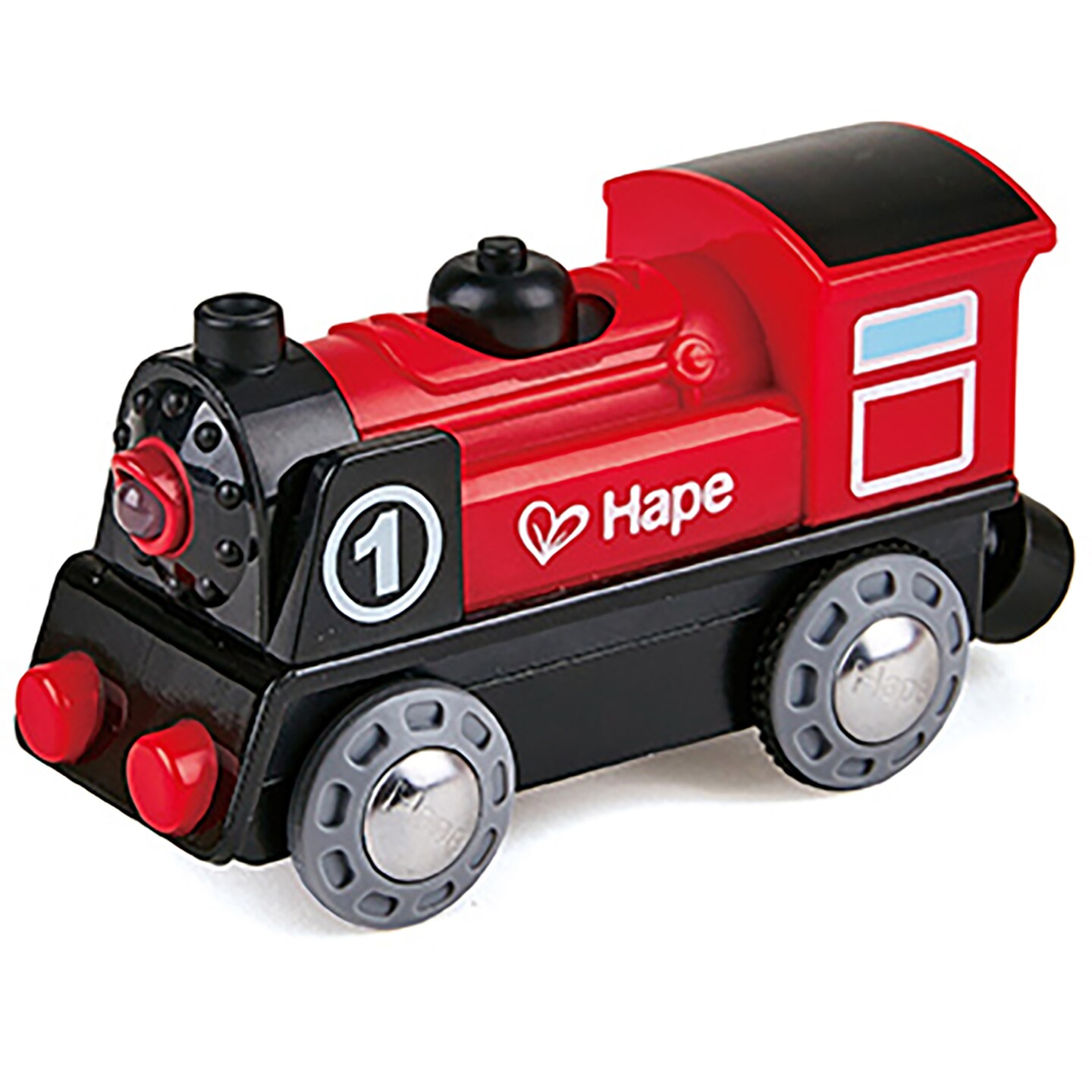 Hape: Battery Powered Engine No.1&#xA0;- Red-White-Black - Wooden Light &#x26; Sound Train Toy, Forward/Reverse, Compatible w/ Most Wooden Railway Sets, Kids 3+