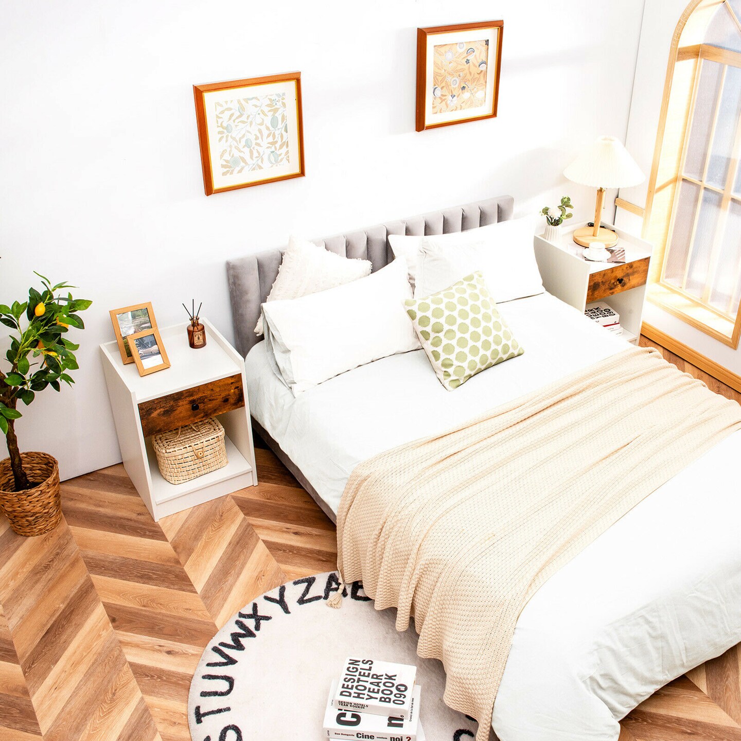 Costway Set of 2 Nightstand with Drawer Cabinet End Side Table Raised Top