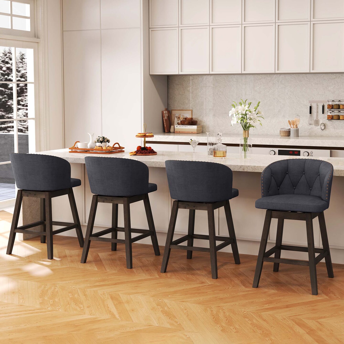 Costway 2/4 PCS Counter Height Bar Stools Fabric Upholstered Island Stools with 360° Swivel Seat Gray