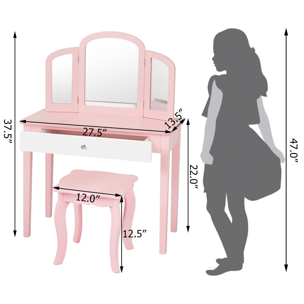 Costway Kids Vanity Set Princess Makeup Dressing Play Table Set W/Mirror White\ Pink