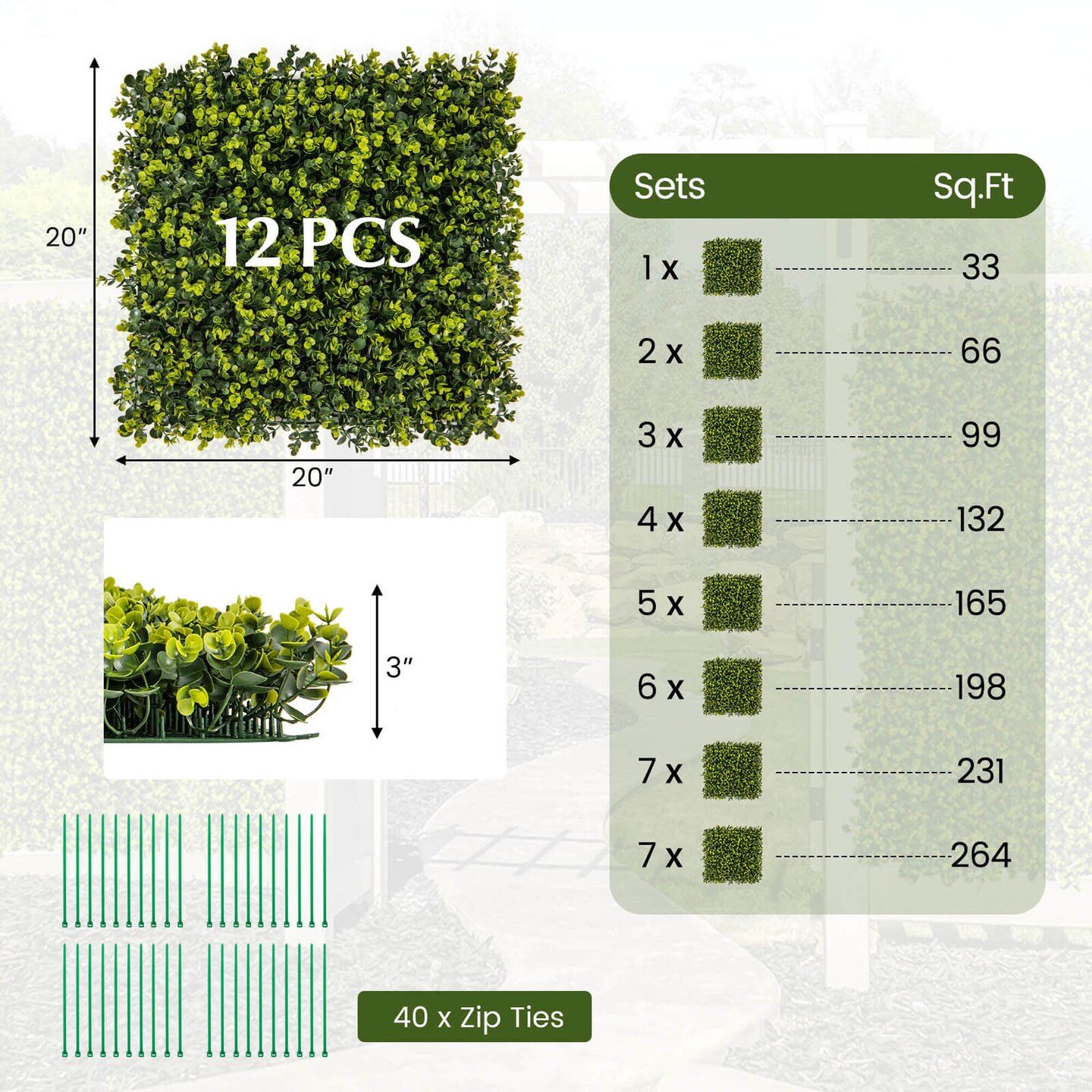 Costway 12 PCS 20" x 20" Artificial Hedge Boxwood Panels with Realistic Undulant surface