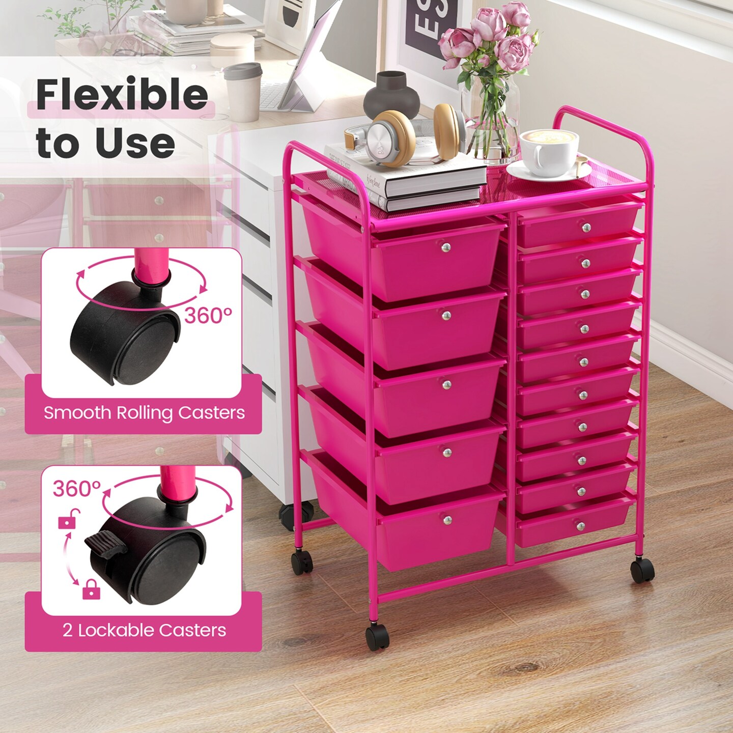 Costway 15 Drawer Rolling Storage Cart Tools Scrapbook Paper Office School Organizer Multicolored/Pink/Grey/Hot Pink/White/Black/Clear/Multicolor/Colorful/Mixed Pink