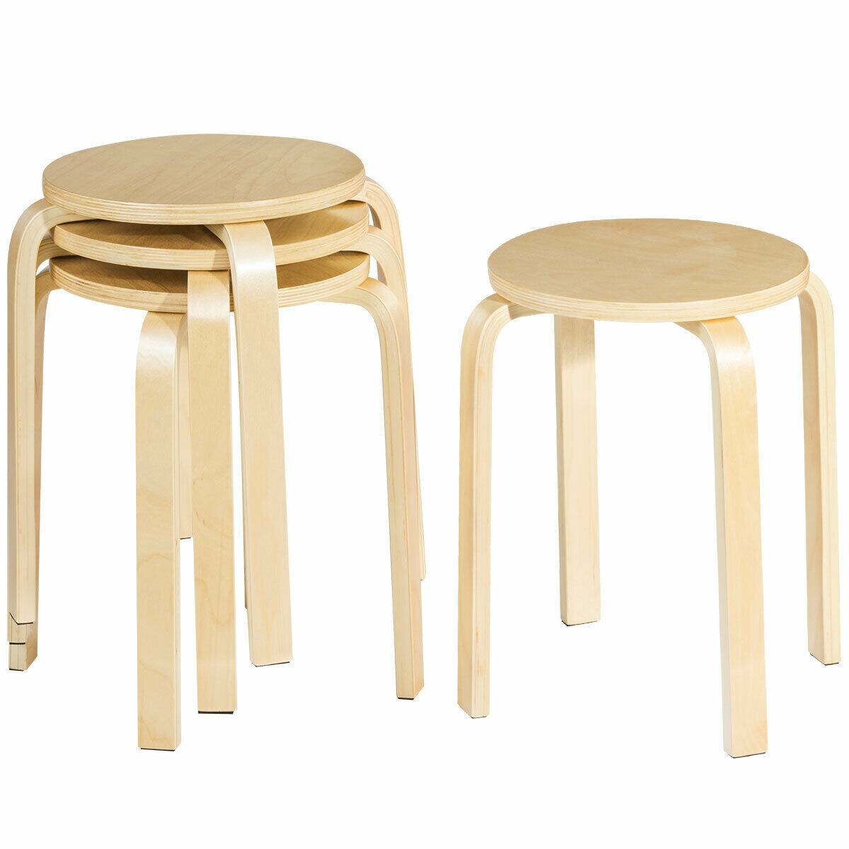 Costway Set of 4 18" Stacking Stool Round Dining Chair Backless Wood Home Decor Dark Brown/Walnut/Yellow/White/Natural/Black