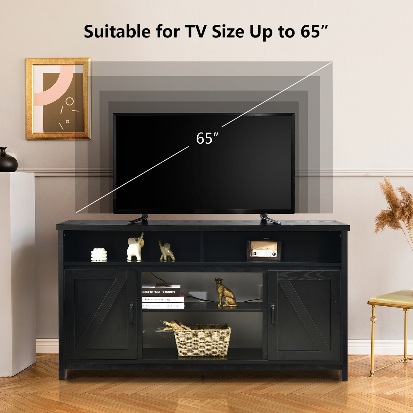Costway 59&#x27;&#x27; TV Stand Media Center Console Cabinet w/ Barn Door for TV&#x27;s 65&#x27;&#x27; Natural\Black\Coffee