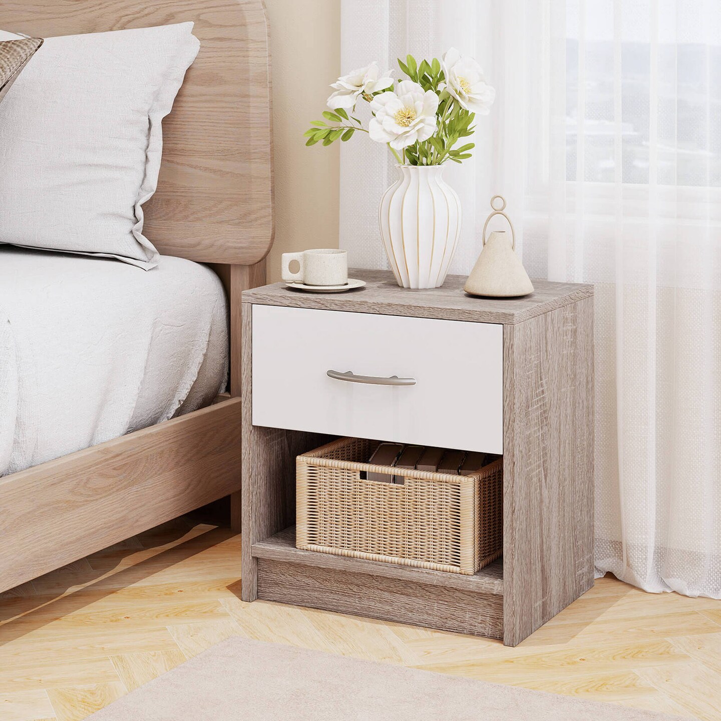 Costway Modern Nightstand Bedside Table with Drawer Open Storage Shelf for Small Spaces Light Gray/Oak&#x26;White/Natural&#x26;White/Natural/White/Dark Gray/Brown