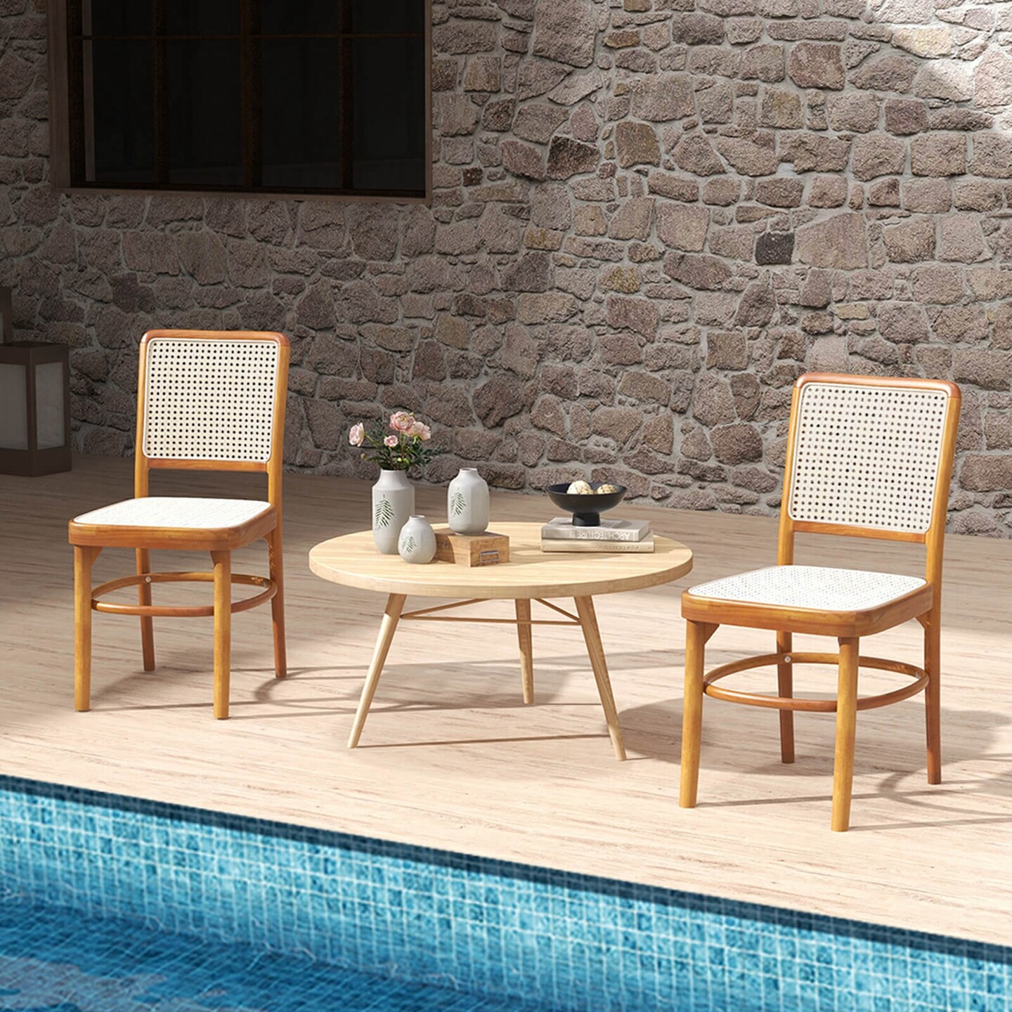 Costway Set of 2/4 Boho Dining Chairs with Teak Wood Structure & Footrests for Indoor Use