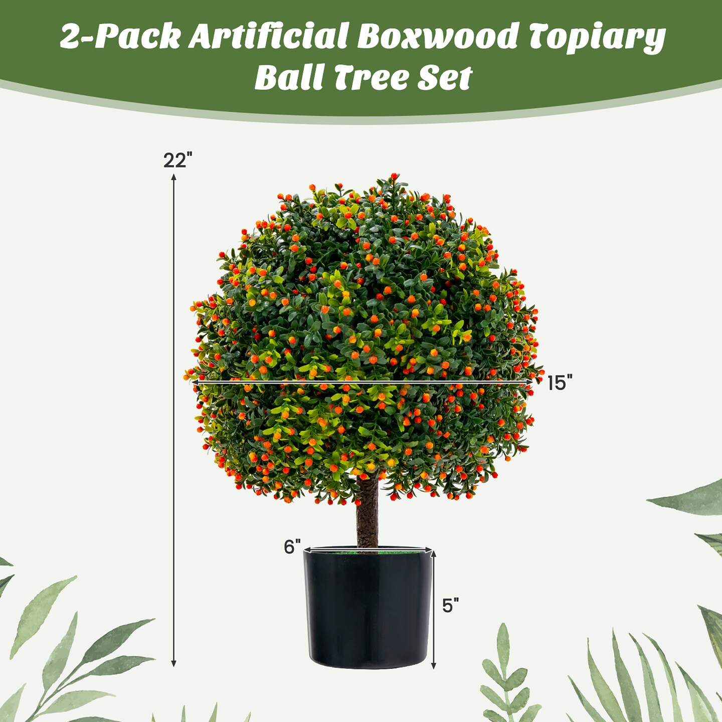 Costway 22&#x27;&#x27; Artificial Boxwood Topiary Ball Tree 2-Pack Faux Potted Plant w/Orange Fruit