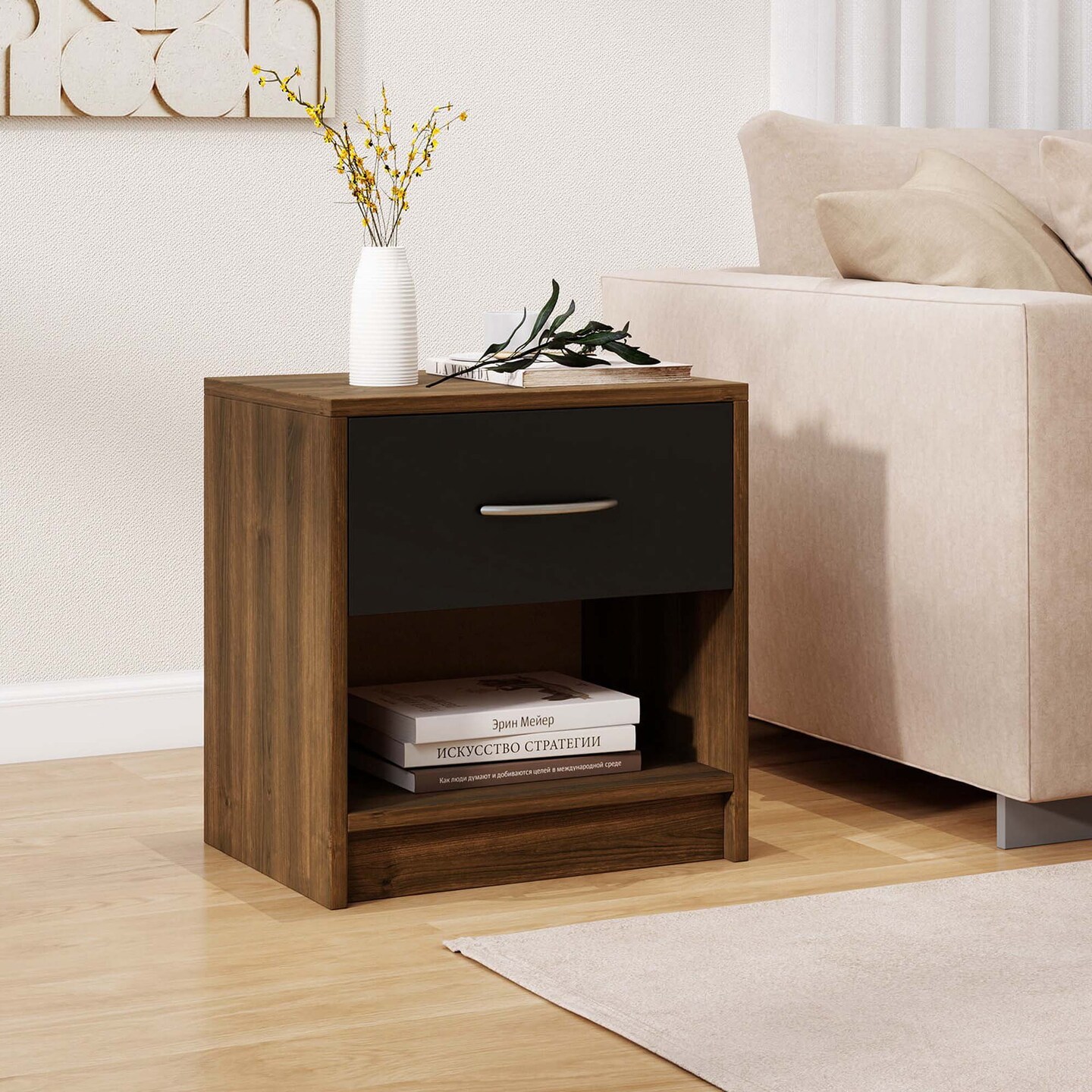 Costway Modern Nightstand Bedside Table with Drawer Open Storage Shelf for Small Spaces Light Gray/Oak&White/Natural&White/Natural/White/Dark Gray/Brown