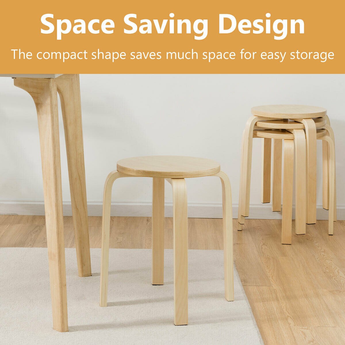 Costway Set of 4 18" Stacking Stool Round Dining Chair Backless Wood Home Decor Dark Brown/Walnut/Yellow/White/Natural/Black