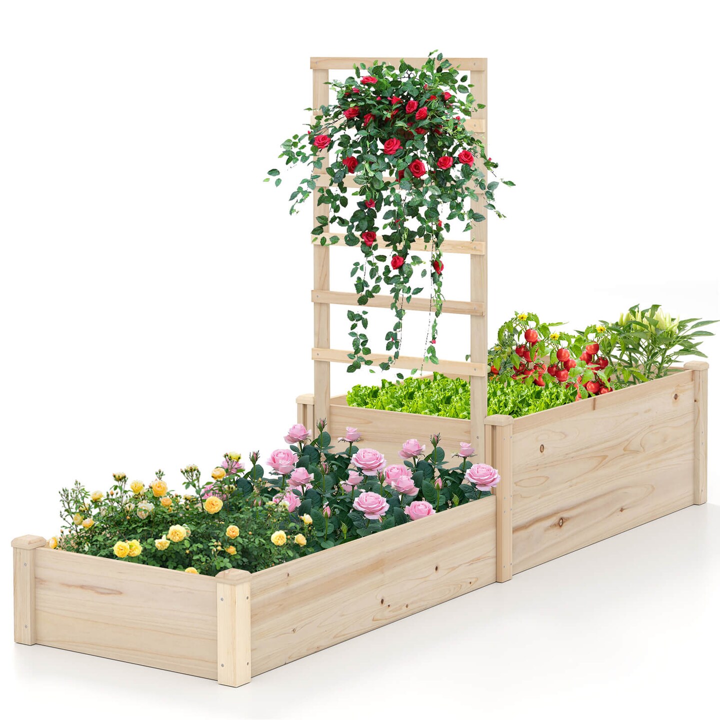 Costway 87" Raised Garden Bed with Trellis 2 Planter Boxes Open-ended Base for Patio
