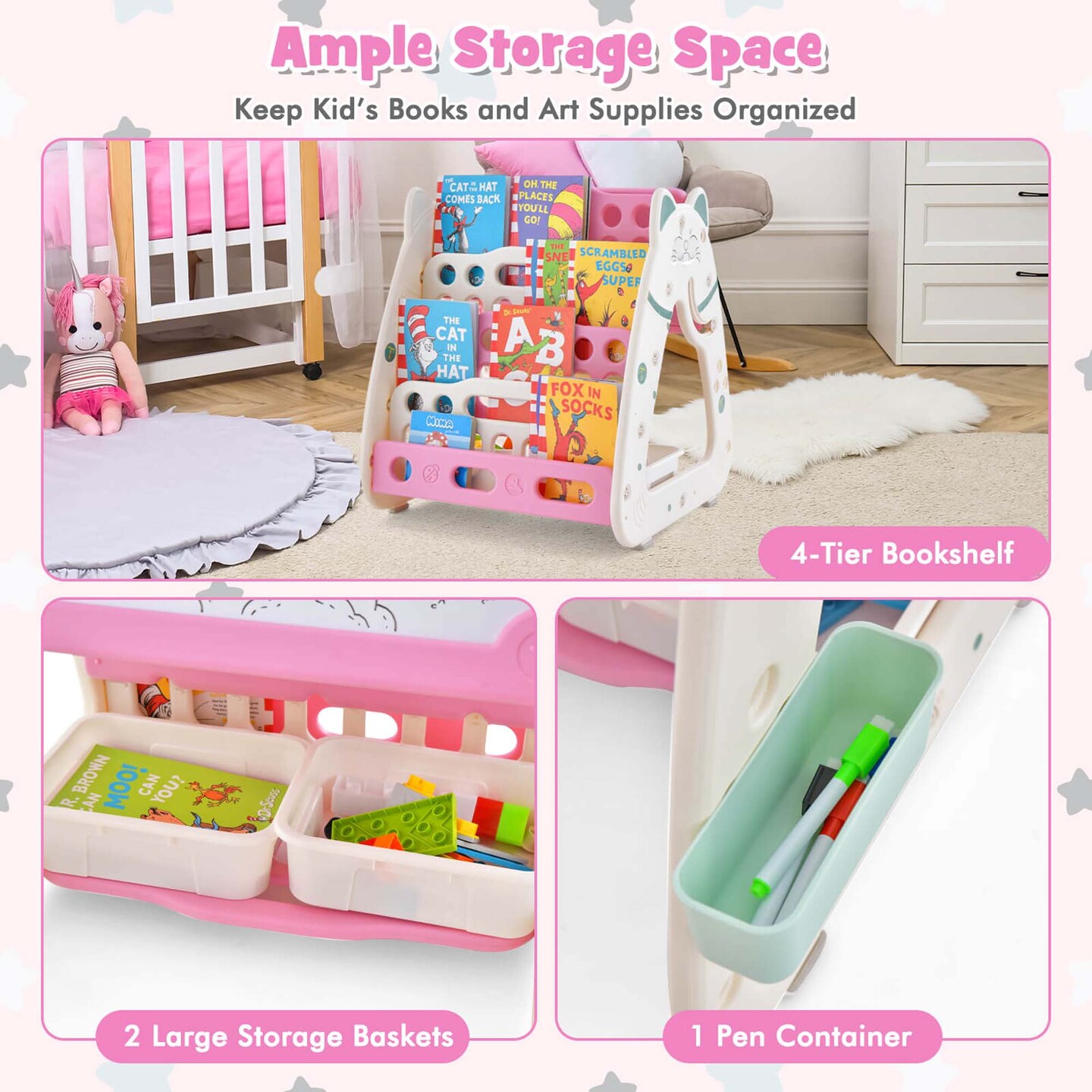 Costway 3-In-1 Kids Art Easel with Stool Magnetic Dry-Erase Board with Book Rack Blue/Green/Pink