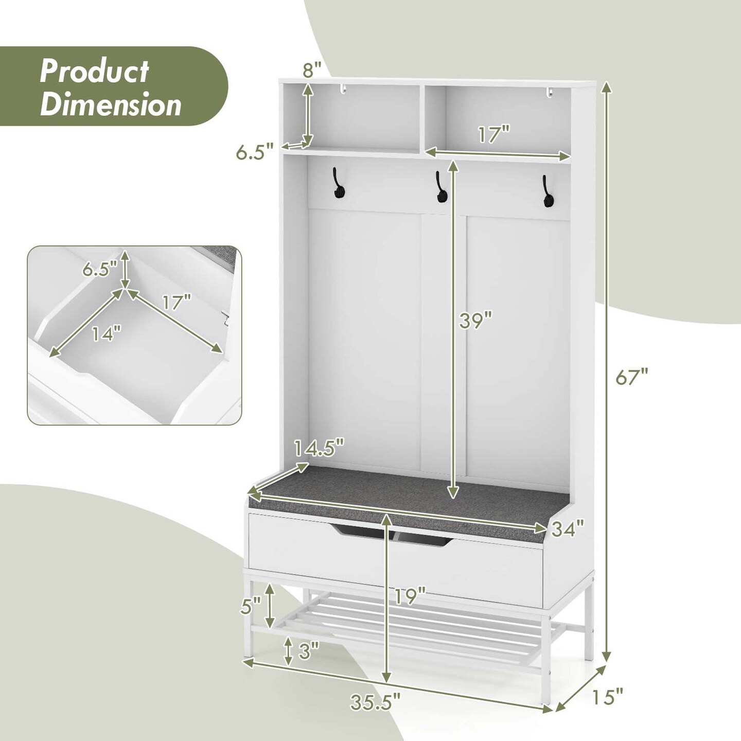 Costway 69&#x22; Tall Hall Tree with Seat Cushion Open Compartments Hooks Lift-top Storage White/Black/Rustic Brown
