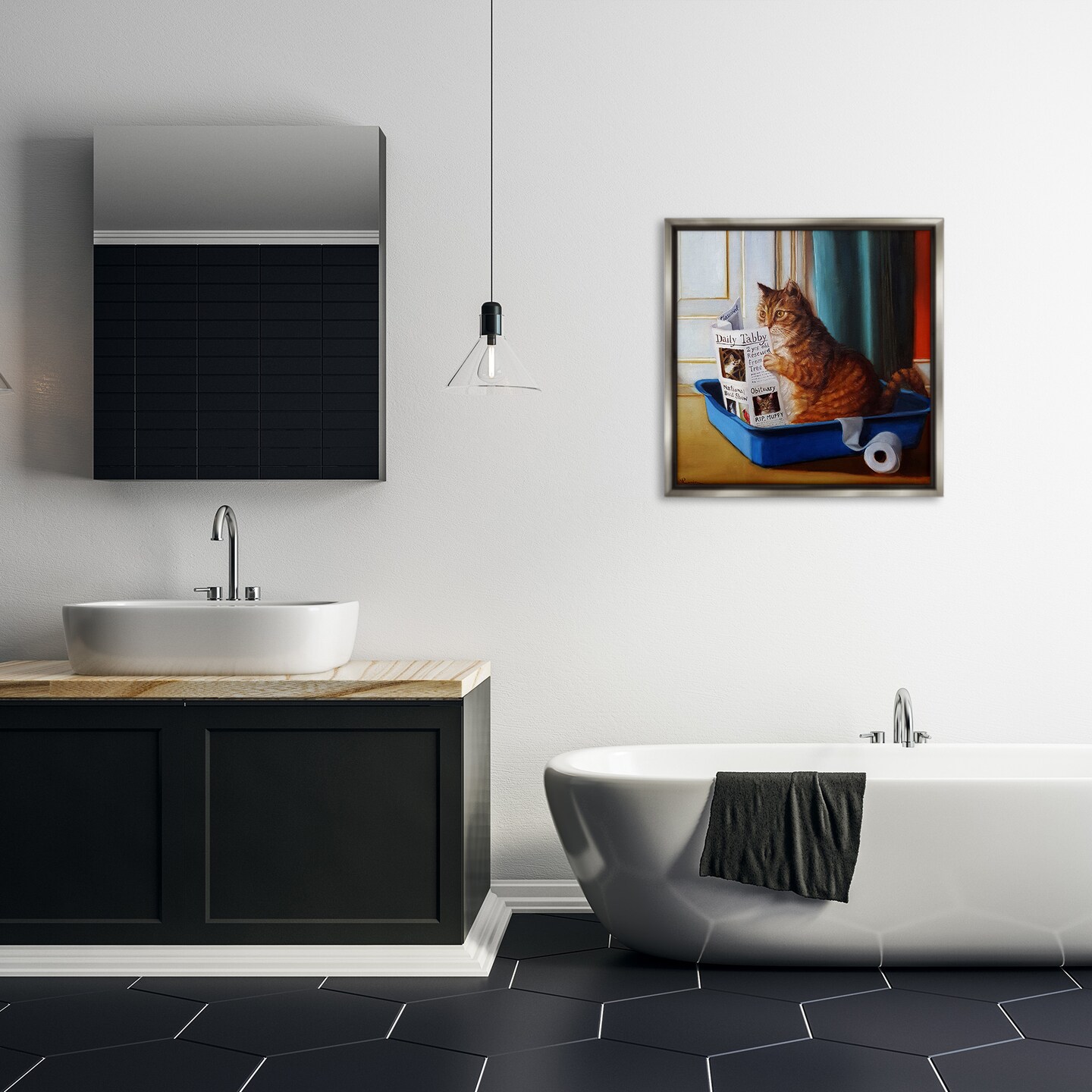 Stupell Industries Litter Box Reading Funny Cat Framed Floater Canvas Wall Art