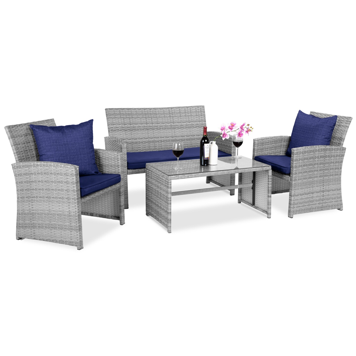 Best Choice Products 4-Piece Outdoor Wicker Patio Conversation Furniture Set w/ Table, Cushions