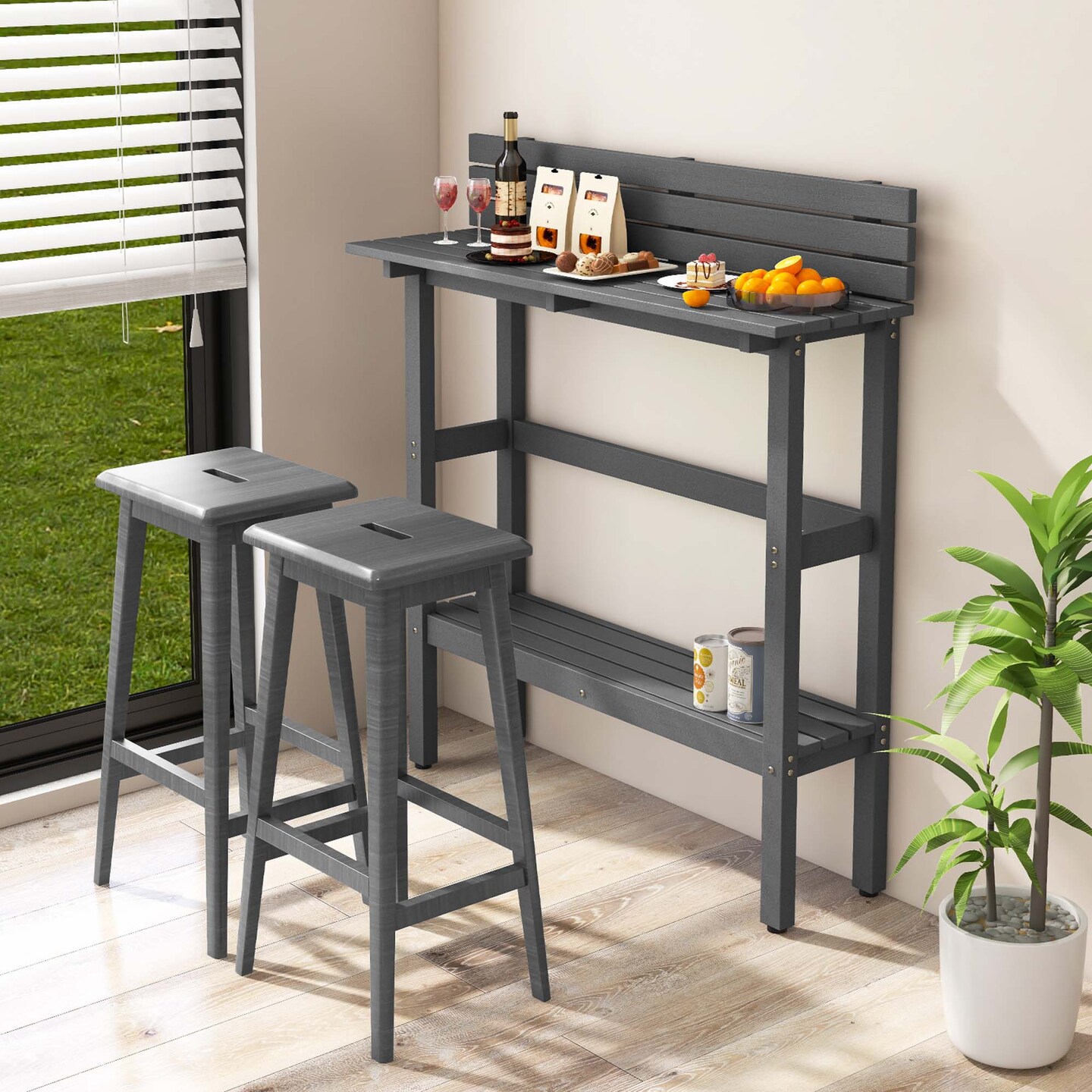 Costway 48&#x22; Outdoor Bar Table with Storage Shelf &#x26; Adjustable Foot Pads for Hot Tub Brown/Gray