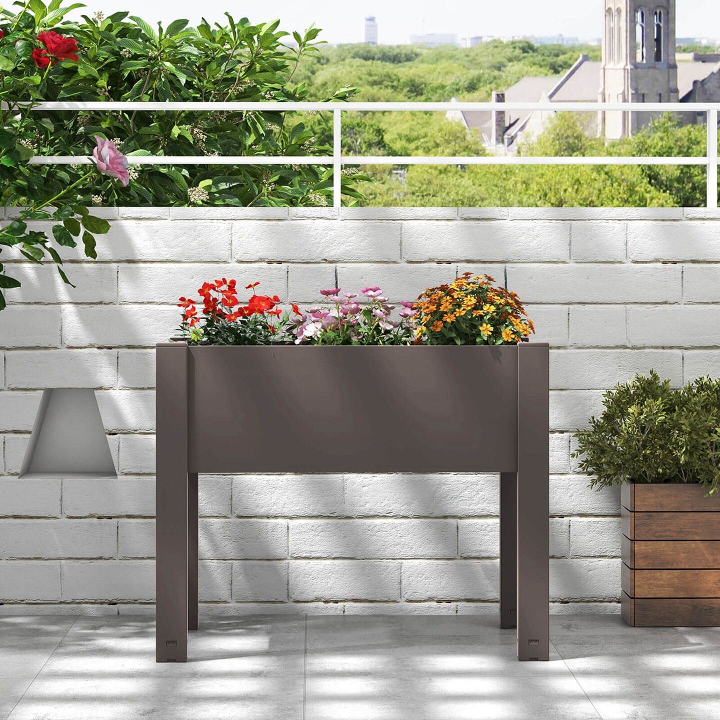 Costway Raised Garden Bed with Water Level Indicator Drainage Hole for Vegetables Outdoor Coffee/Greyish-white