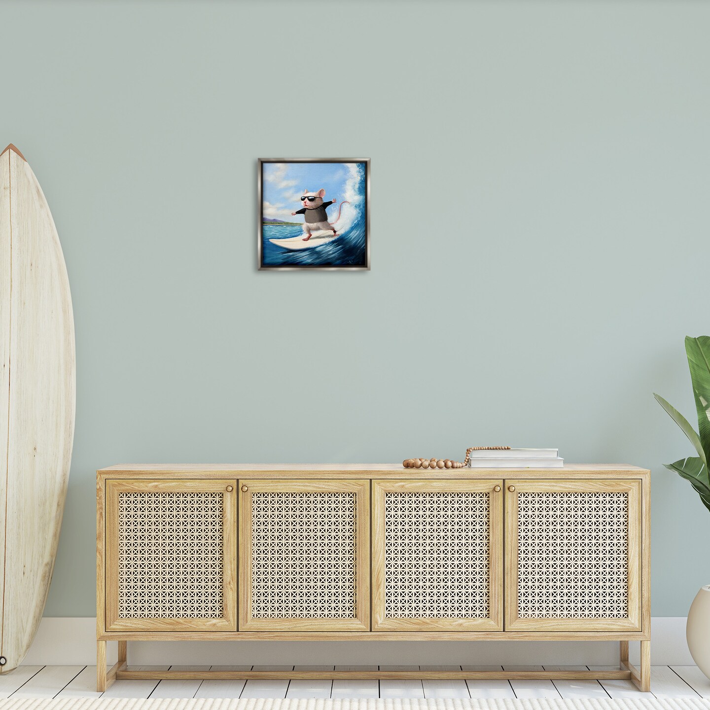 Stupell Industries Cool Surfer Mouse Blue Ocean Waves Framed Floater Canvas Wall Art