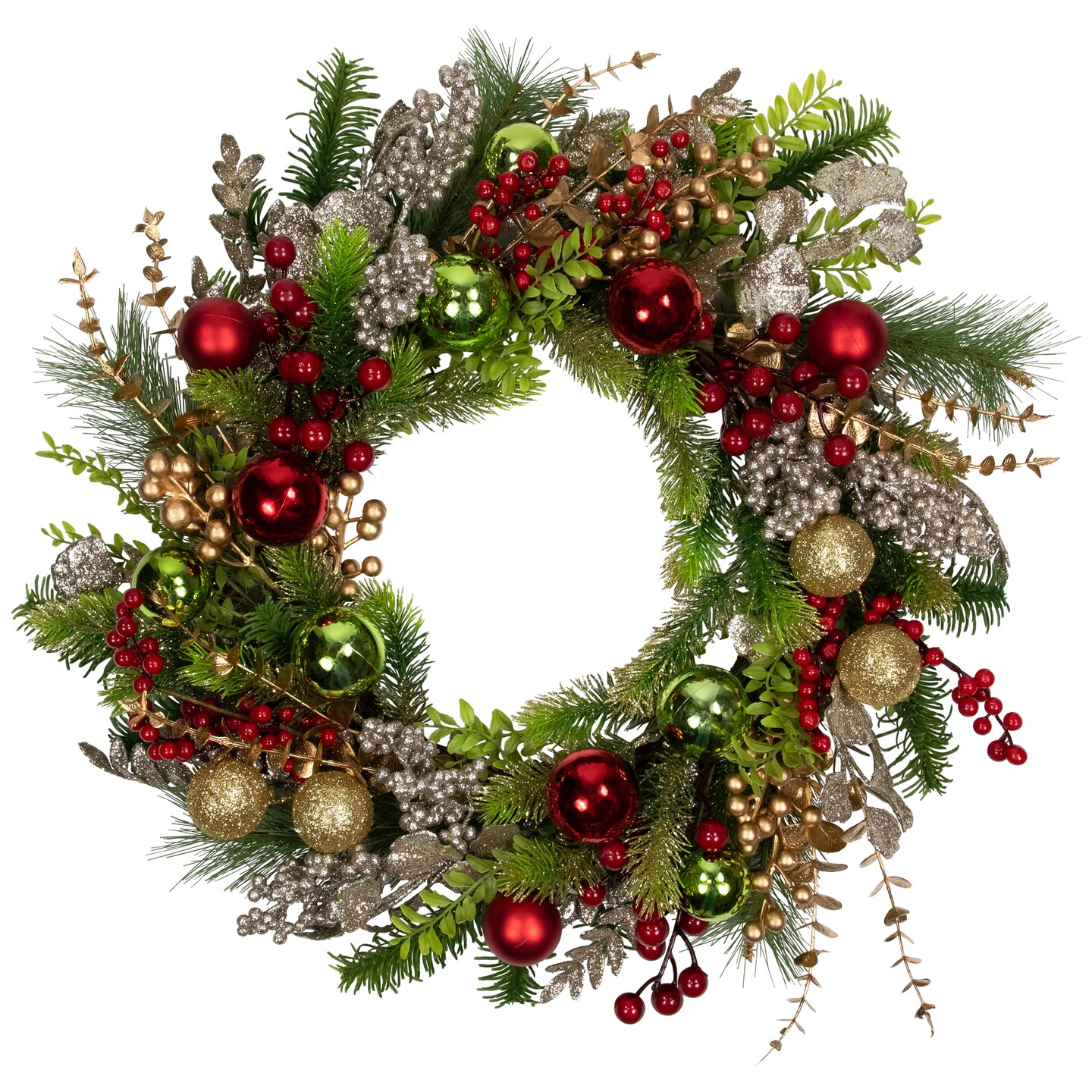 Northlight Glittered Ornaments and Berries Christmas Wreath - 24&#x22; - Green and Gold