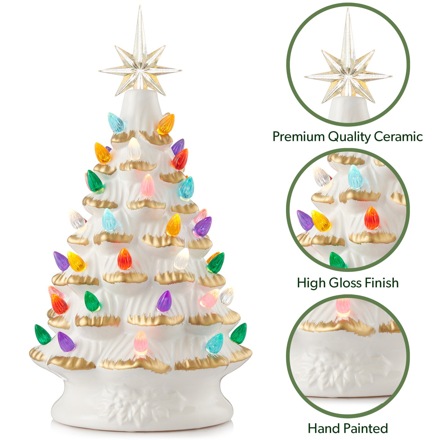 Casafield Hand Painted Ceramic Christmas Tree, 12-Inch Pre-Lit Tree with 100 Multi Color Lights and 2 Star Toppers
