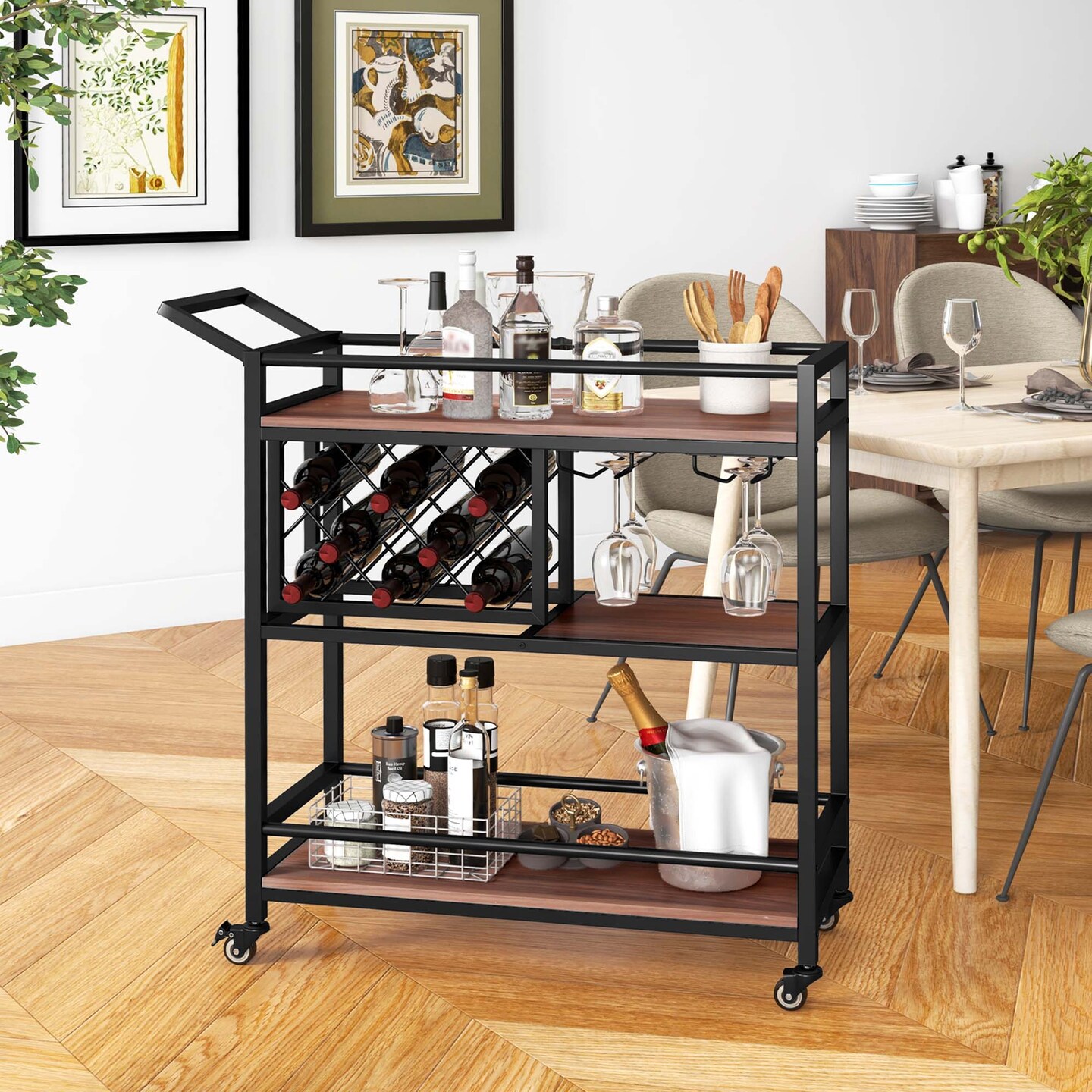Costway 3-tier Bar Cart on Wheels Home Kitchen Serving Cart with Wine Rack & Glass Holder Rustic Brown/Brown