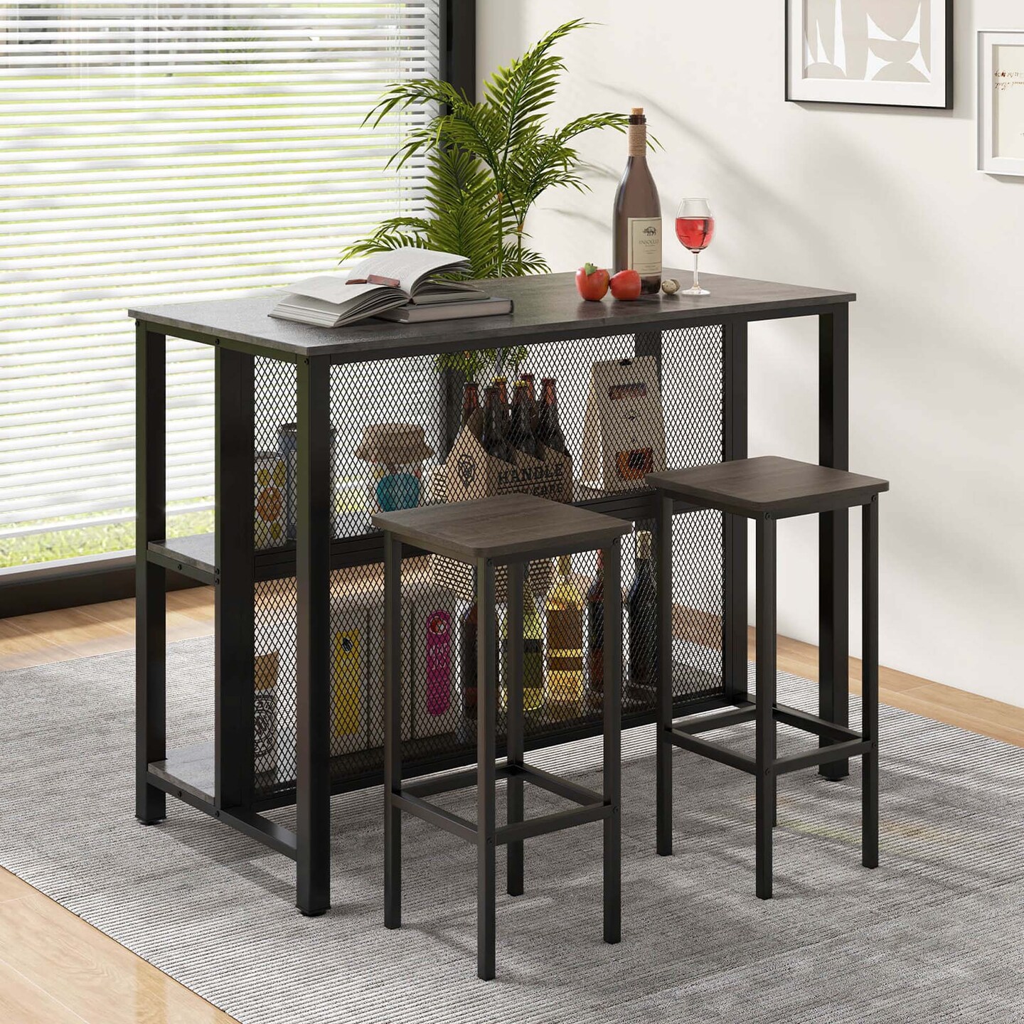 Costway 36" Tall 3-Tier Bar Table with Storage Metal Frame Adjustable Foot Pads Rustic Brown/Grey