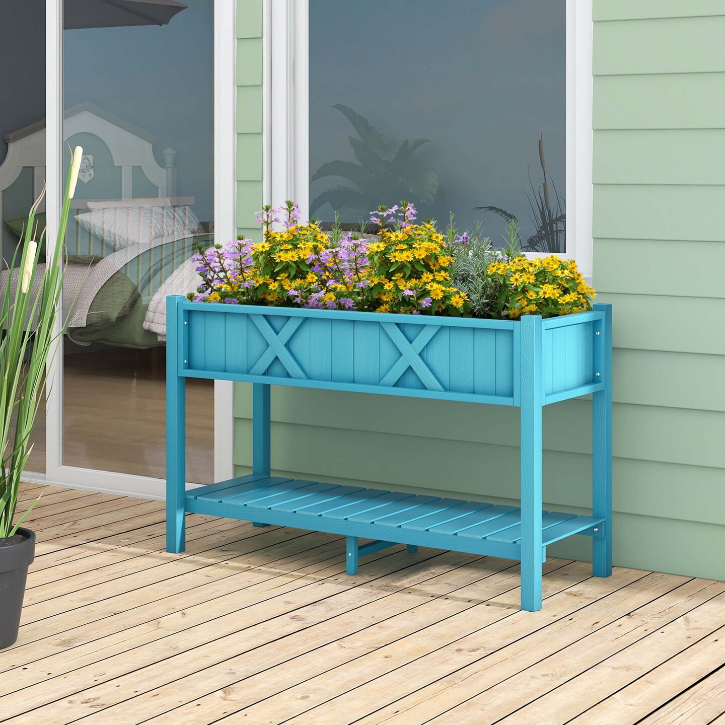 Costway HIPS Raised Garden Bed Poly Wood Elevated Planter Box with Legs, Storage Shelf Blue/Coffee/Black