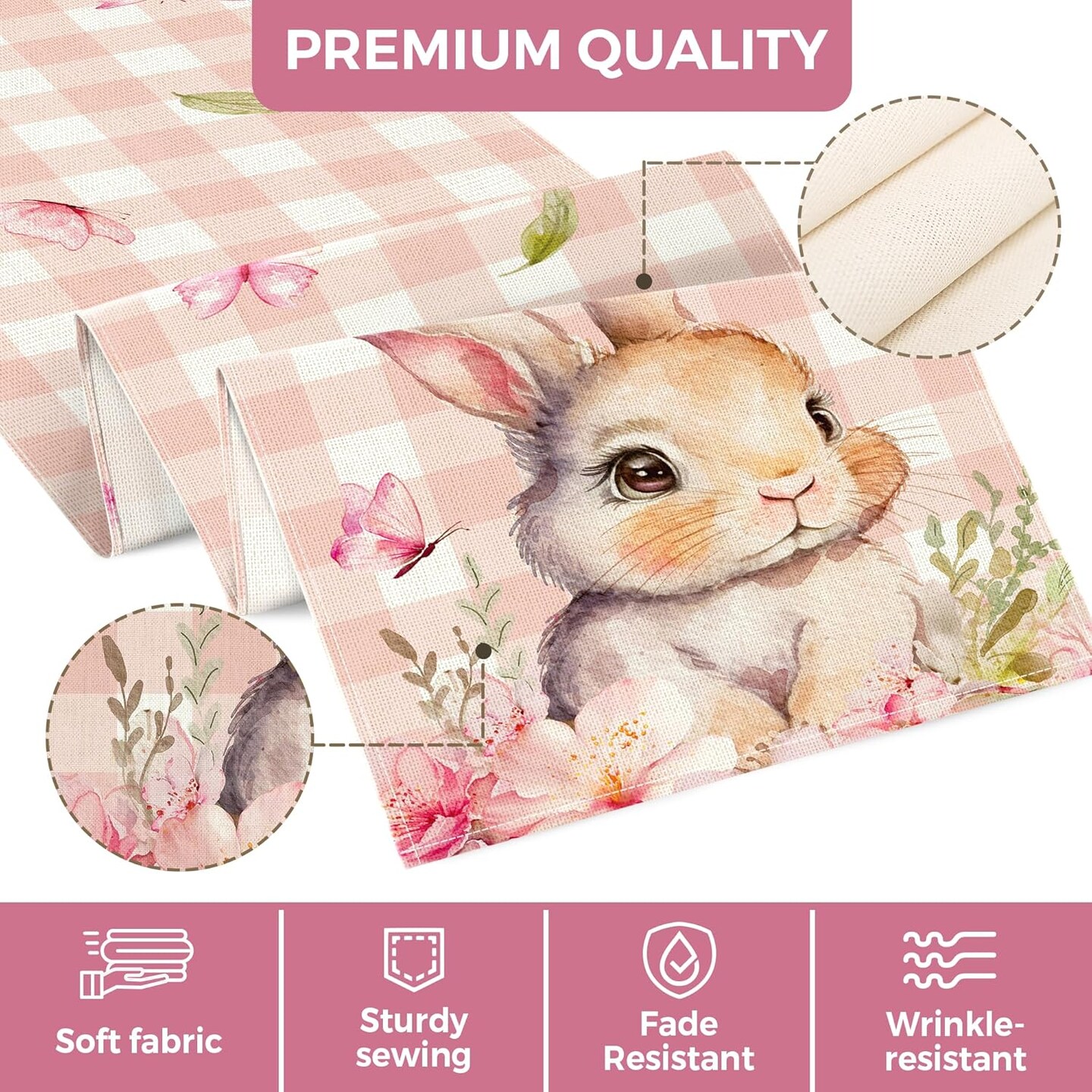 Easter Table Runner 2-Ply (13"x72") - Pink Buffalo Plaid Bunny Runner Design - Spring Table Decorations for Indoor & Outdoor Home Party Decor - Easter Party Decoration Supplies