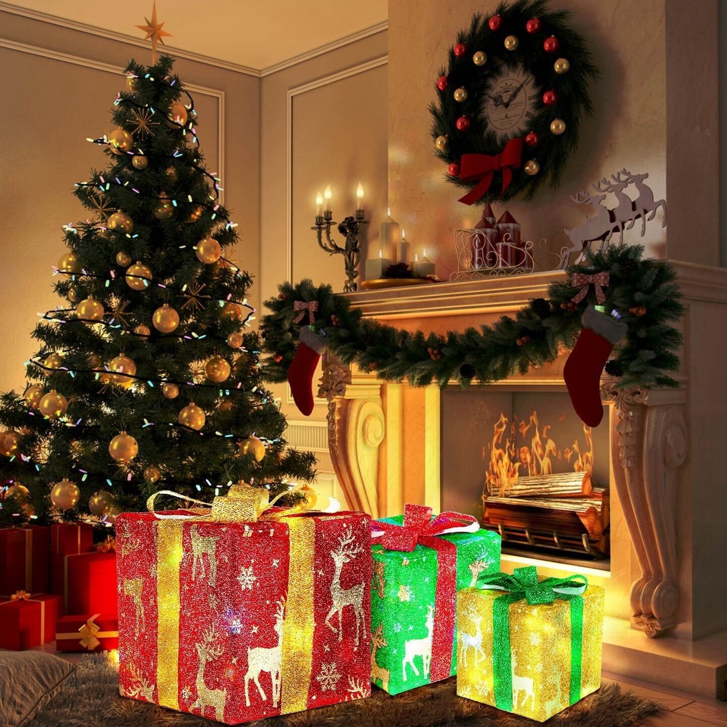 Set Of 3 Christmas Lighted Gift Boxes Xmas Present Ornament 50 Led Christmas Box Decorations With Ribbon Bows Ip44