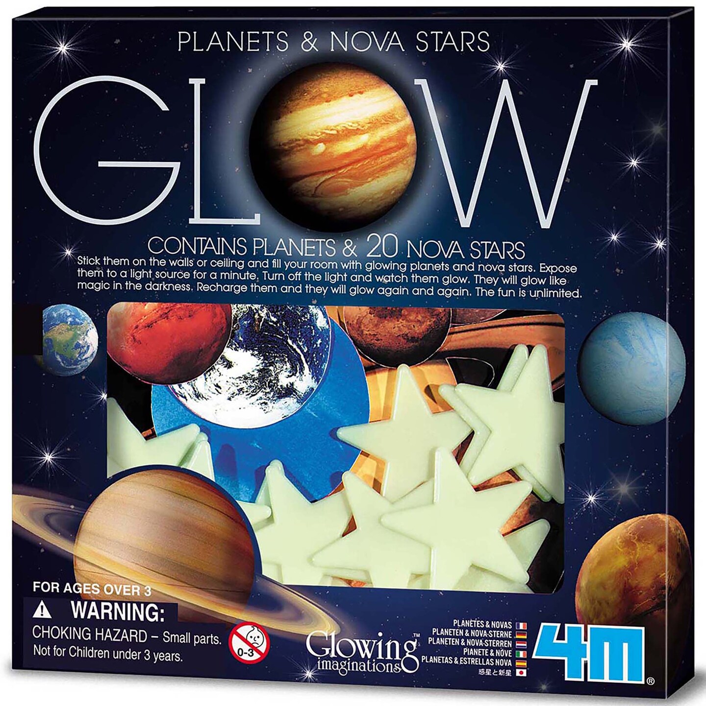 4M: Glow: Planets & Nova Star - 20 Glow-In-The-Dark Wall & Ceiling Stick-Ons, Light Charging, Various Sizes, Adhesive Tabs, Kids Room Decoration