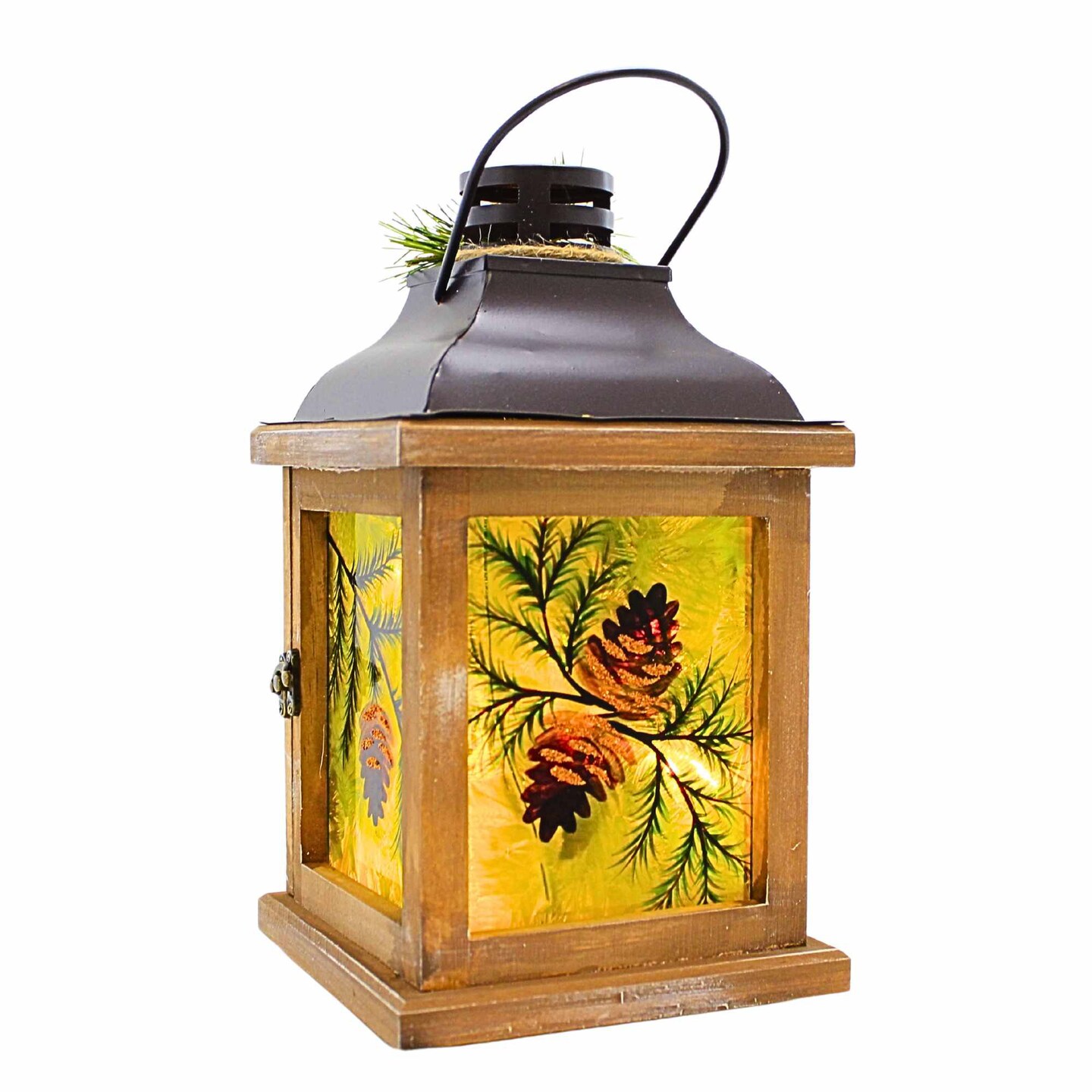 Stony Creek 10.5 Inch Whispering Pines Pre-Lit Lantern Thanksgiving Lighted Glass Accent , Christmas Decor Pine Cones Greenery