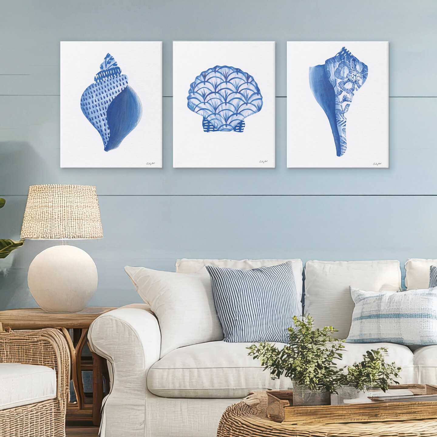 Stupell Industries Blue Chinoiserie Seashells 3pc Canvas Set, design by Courtney Prahl