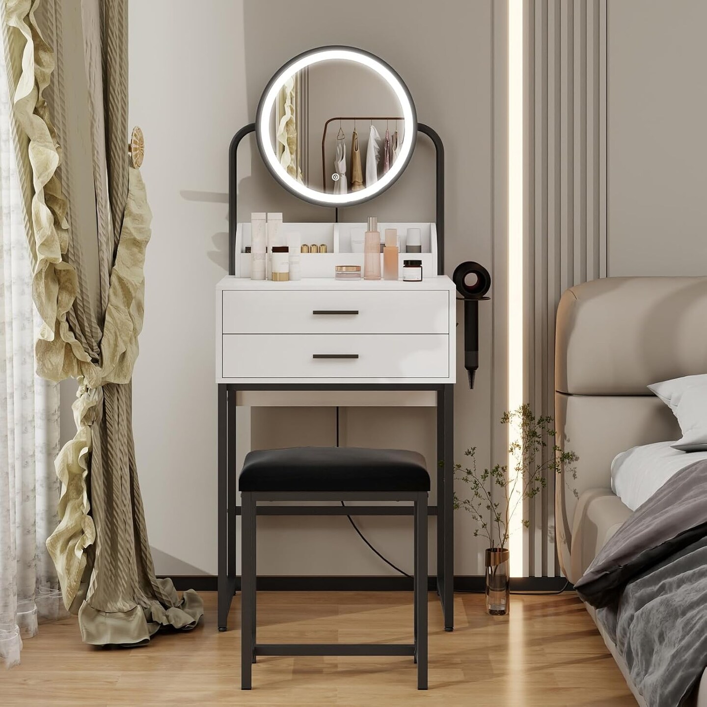 Small Vanity Desk with Lighted Mirror and Lights Compact Makeup Set with Drawers for Bedroom Mini White Modern Dressing Table with Chair