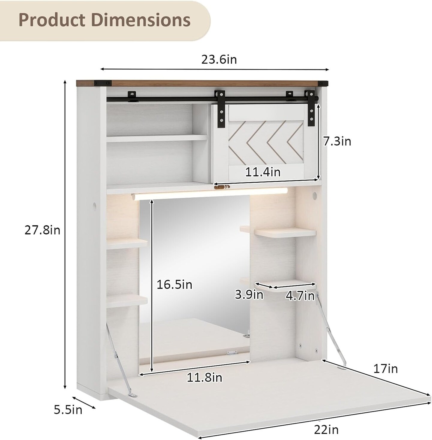 Floating Vanity Desk with Mirror and Lights Small Wall Mounted Makeup Set with Storage White Farmhouse Dressing Table for Tiny