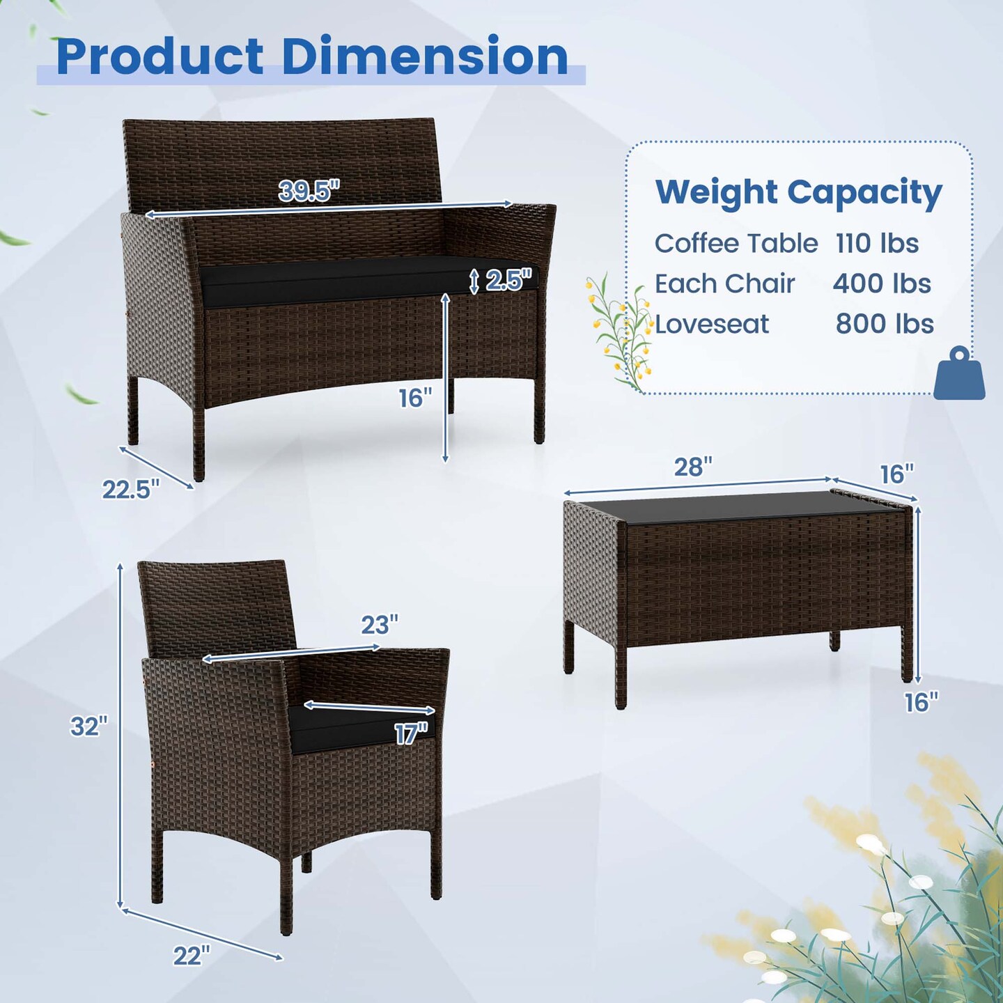 Costway 8 PCS Patio Furniture Set with Washable Cushions and Tempered Glass Coffee Table Black/Grey/Navy/Turquoise/Red/Blue/Orange