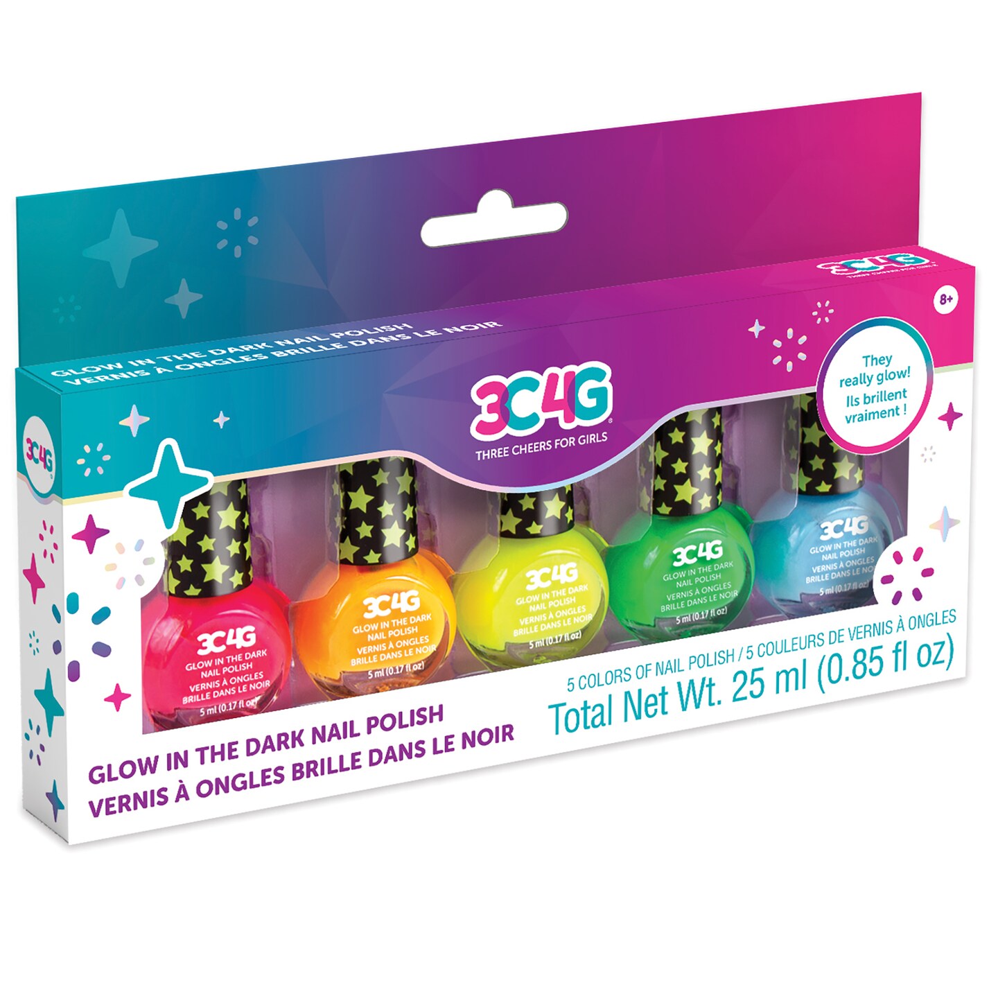 3C4G: Glow In The Dark Nail Polish Set - 5 Bottles, Make It Real, Teens Tweens &#x26; Girls, Non-Toxic Long-Lasting Polish, Vibrant Neon Colors, Glow Wherever You Go, Three Cheers For Girls, Kids Ages 8+
