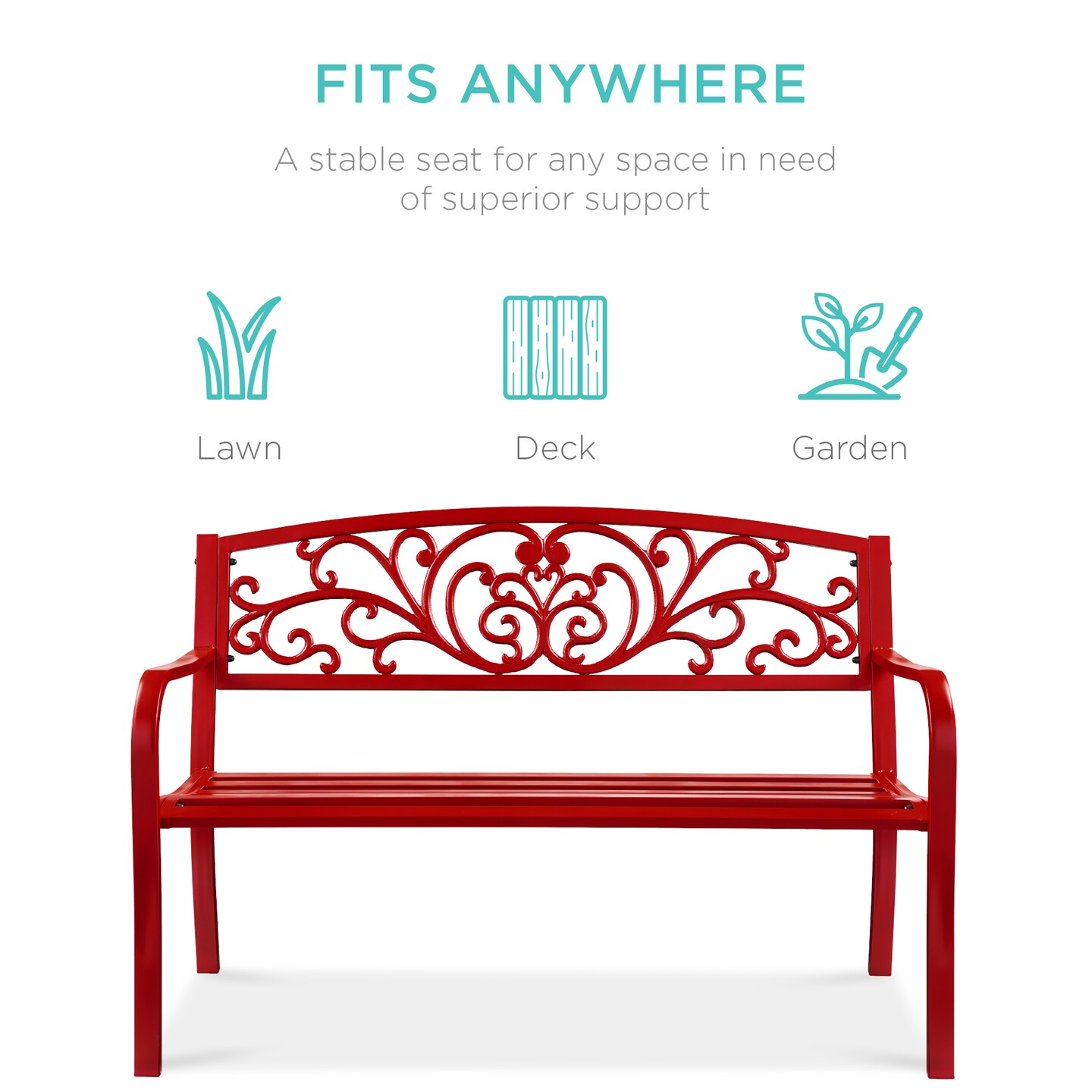 Best Choice Products Outdoor Steel Bench Garden Patio Porch Furniture w/ Floral Design Backrest