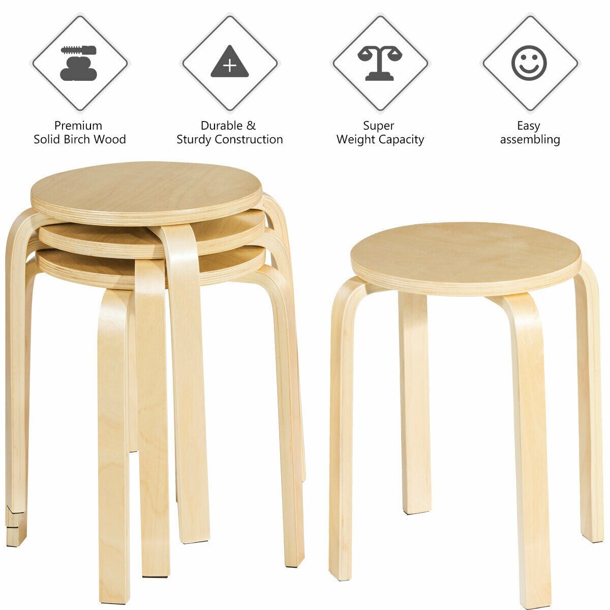 Costway Set of 4 18" Stacking Stool Round Dining Chair Backless Wood Home Decor Dark Brown/Walnut/Yellow/White/Natural/Black