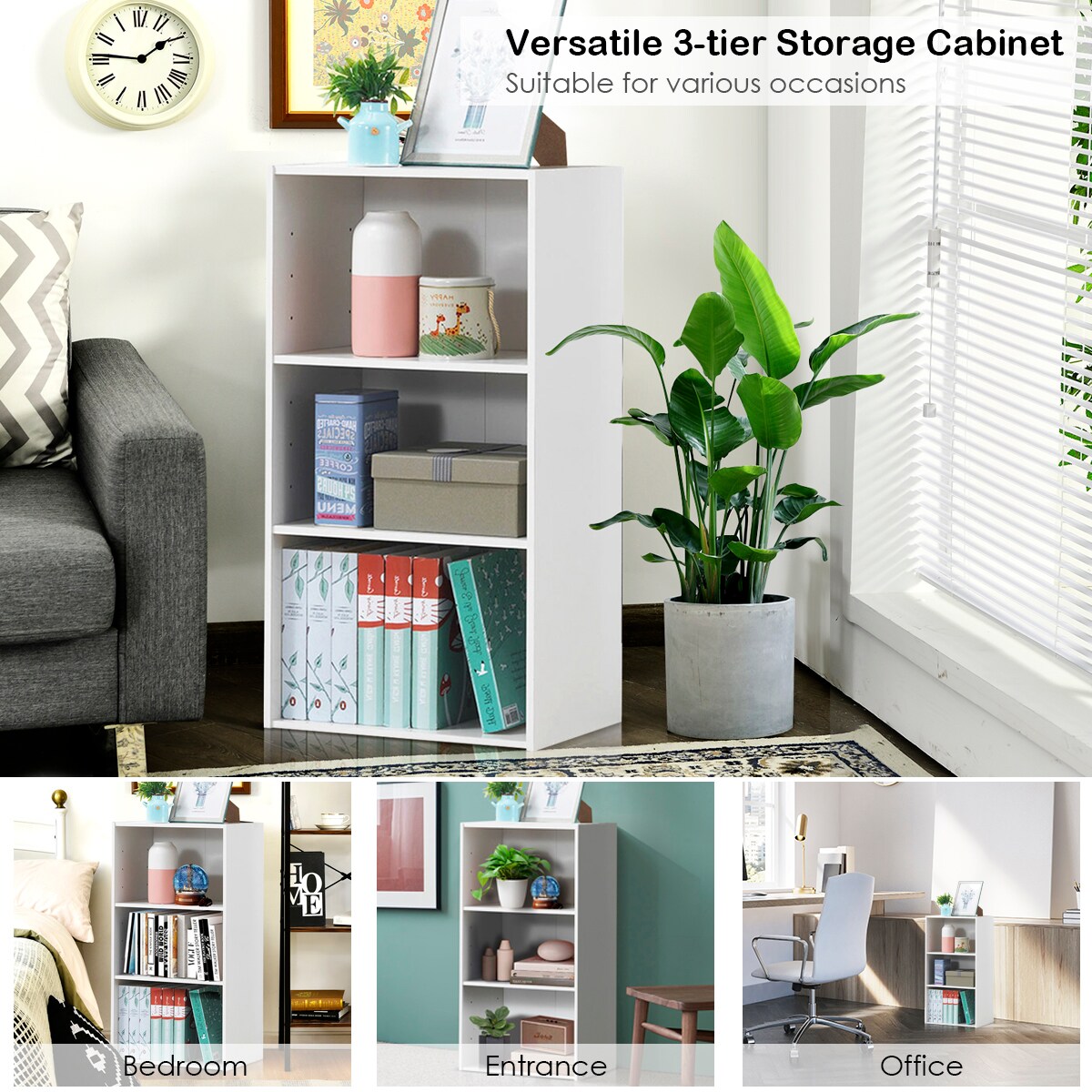 Costway 3 Tier Open Shelf Bookcase Multi-functional Storage Display Cabinet Furni White