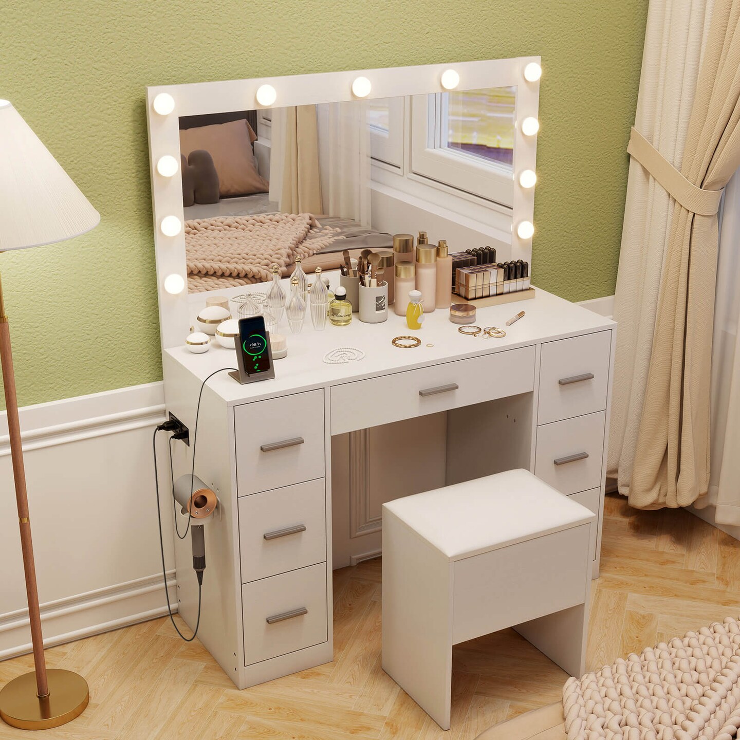 Costway Vanity Desk with Mirror and Lights Storage Stool Power Outlets 3 Lighting Colors
