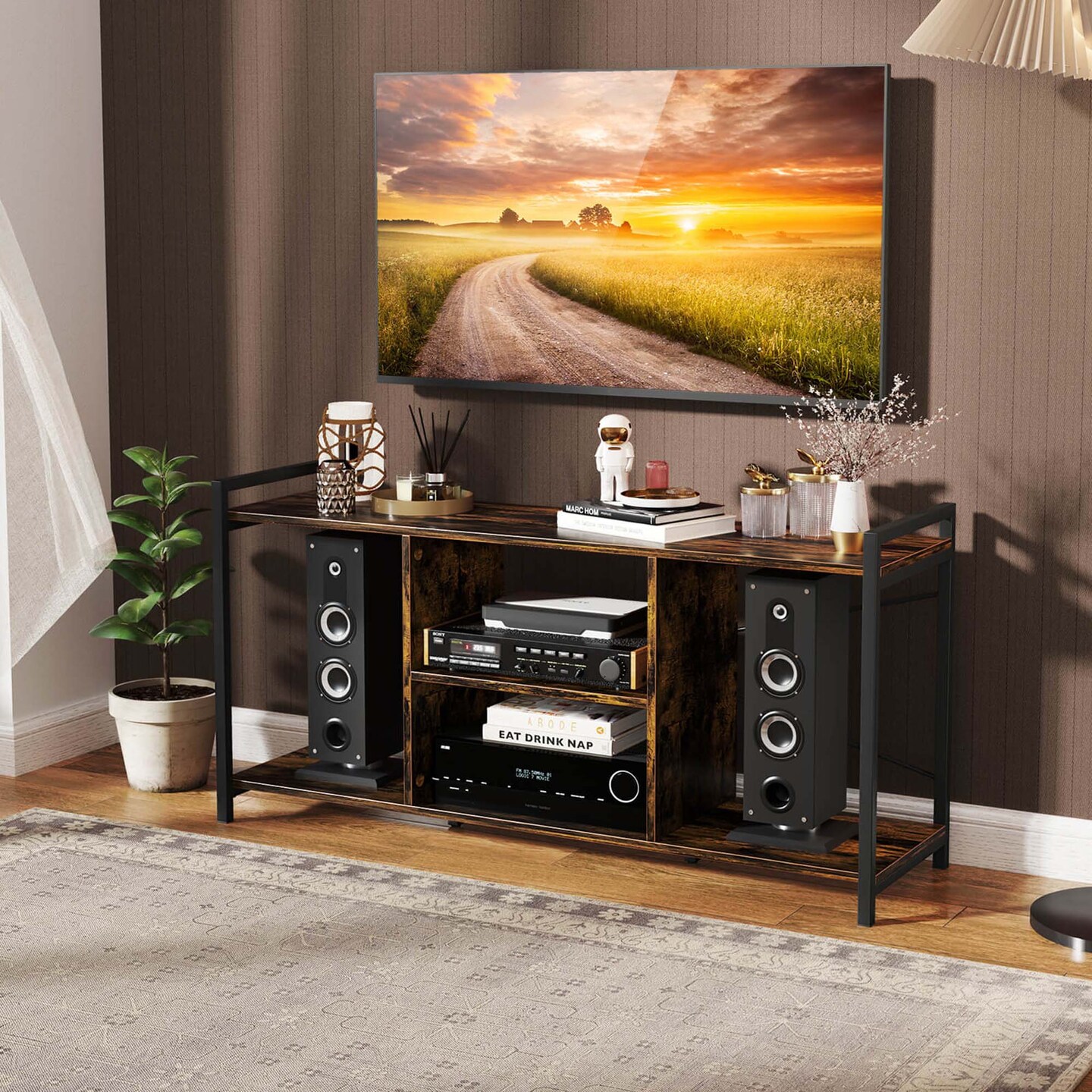 Costway 3-tier TV Stand for 55" TVs with 4 Open Shelves Heavy-duty Metal Frame for Bedroom