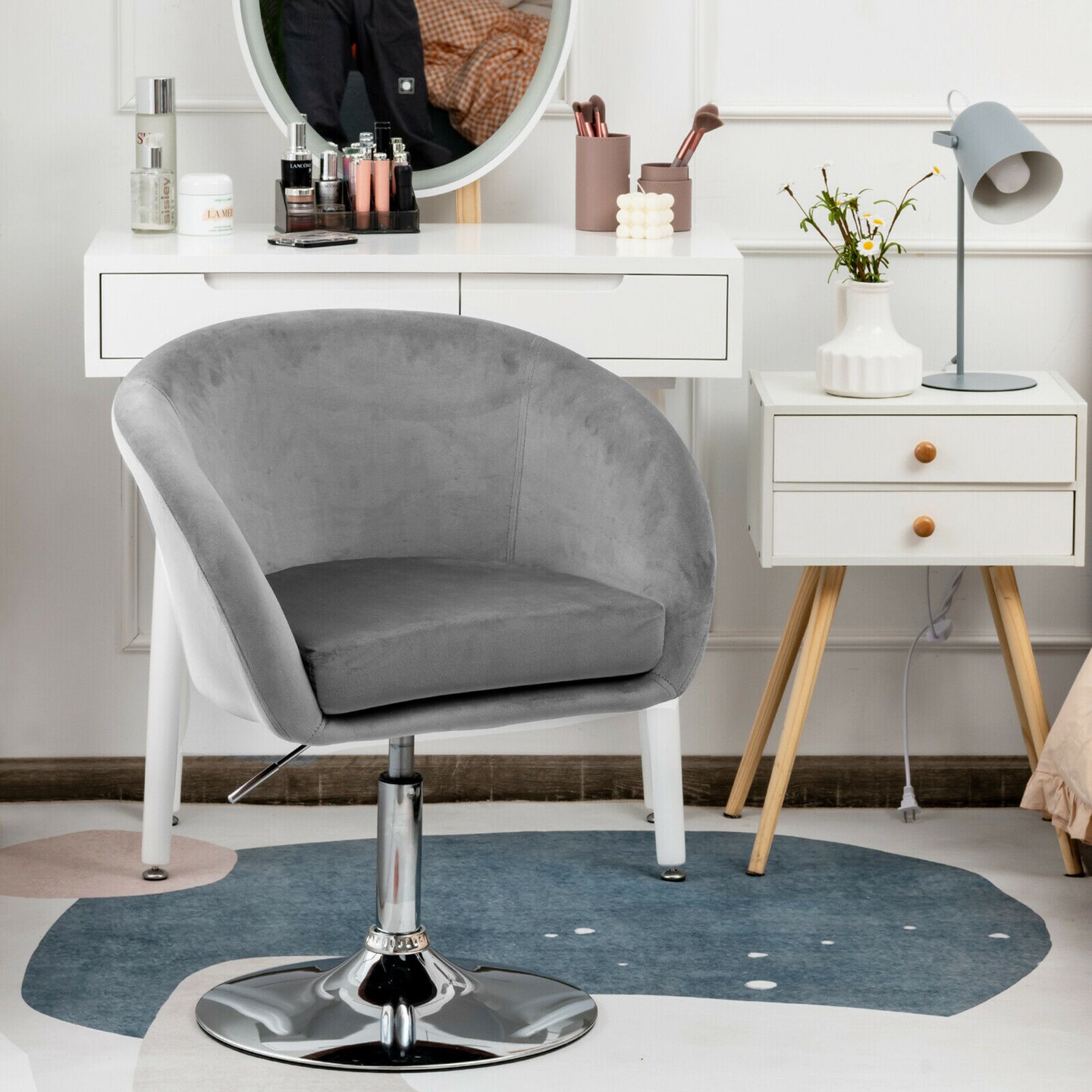 Costway Modern Velvet Chair Height Adjustable Bar Stool Swivel Makeup Seat
