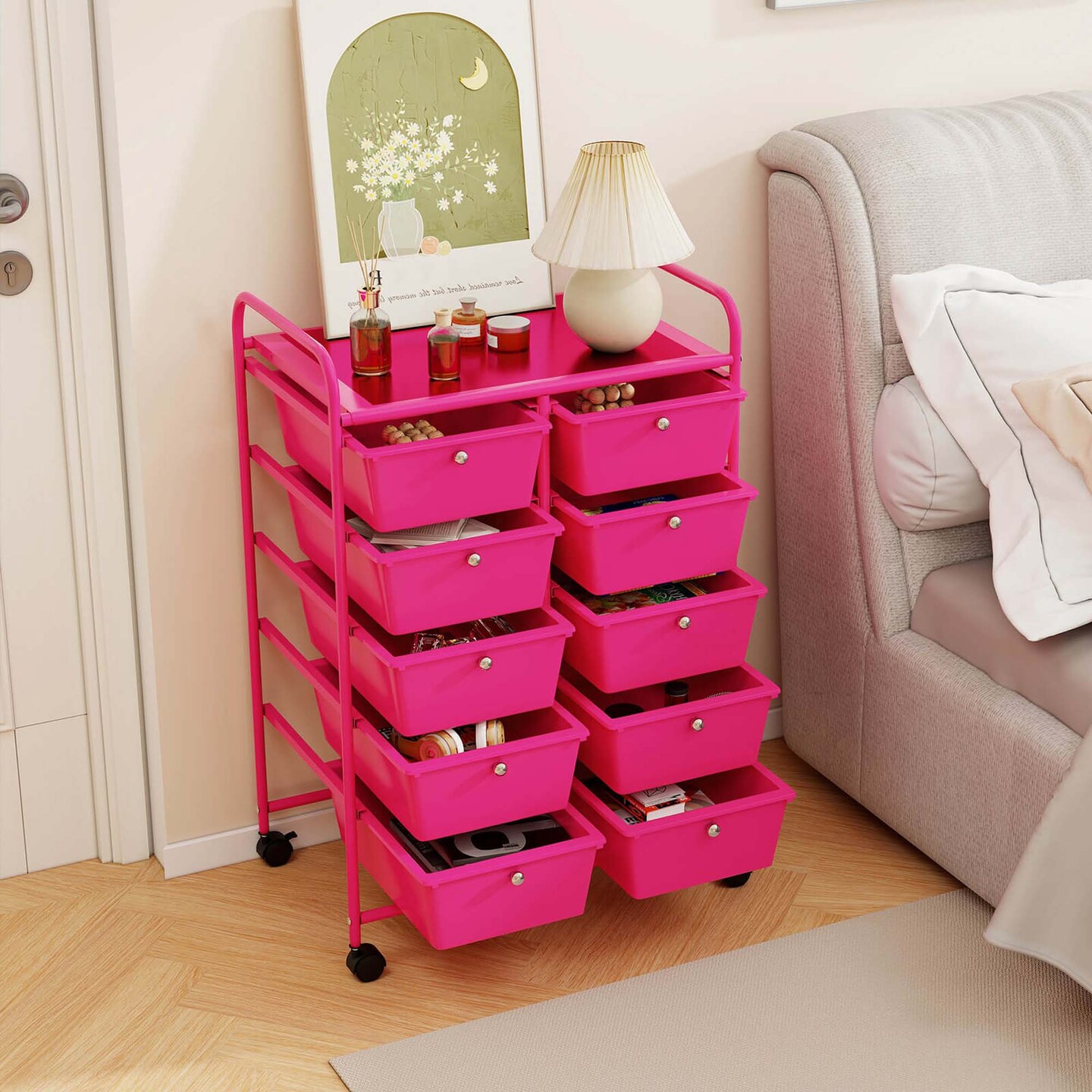 Costway 10-Drawer Storage Cart Utility Rolling Trolley Kitchen Office Organizer Black/Clear/Macaron/Grey/Black Gardient/Multicolor/Pink/RainbowithWhite/Hot Pink/Skin Pink/Purple